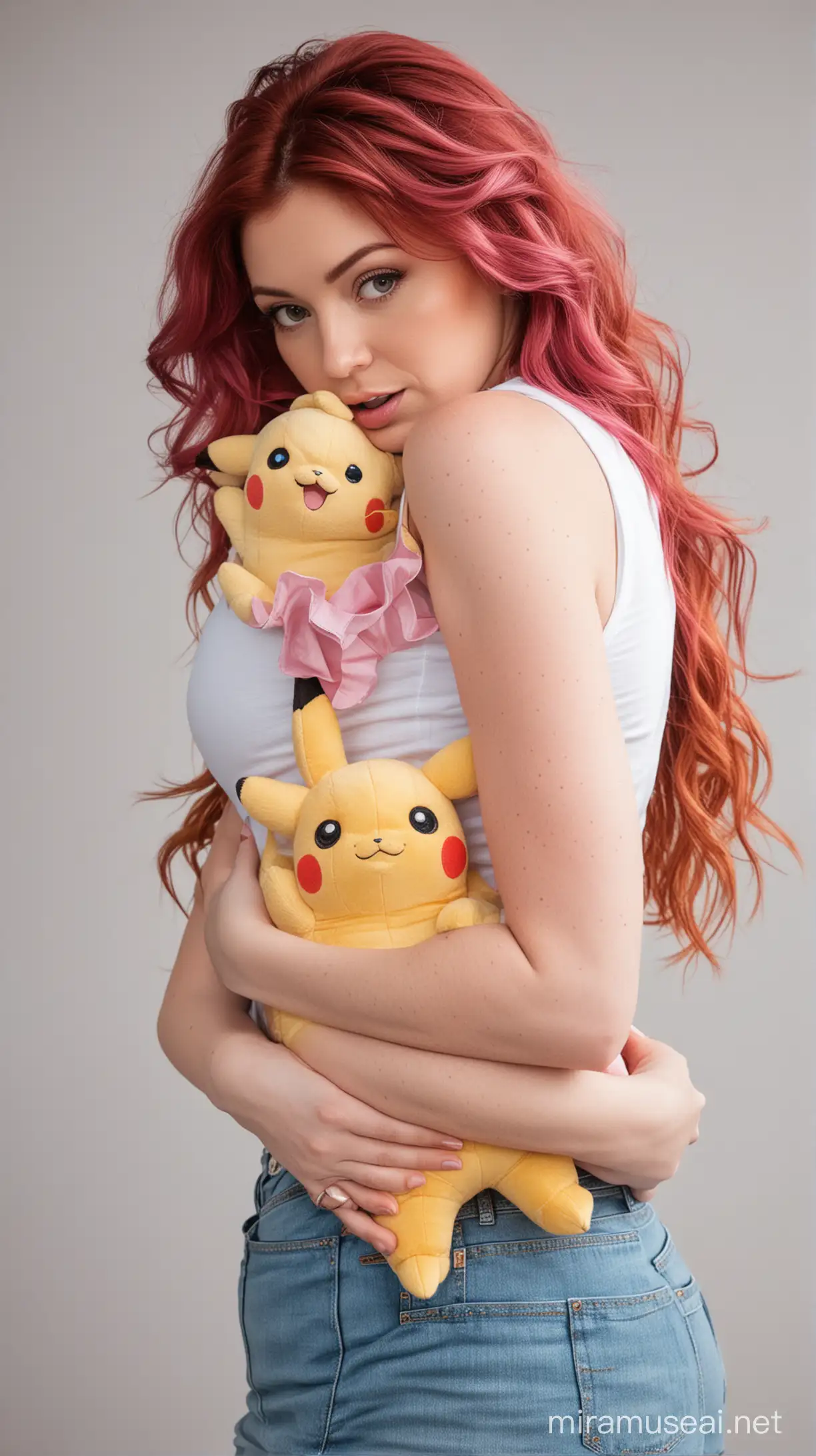 rear view of a beautiful woman with wavy auburn hair with pink highlights. She wearing a white sleeveless shirt and jeans. She is angry. She both hands around the neck of a life sized pikachu plushie, choking it in a fit of anger.
