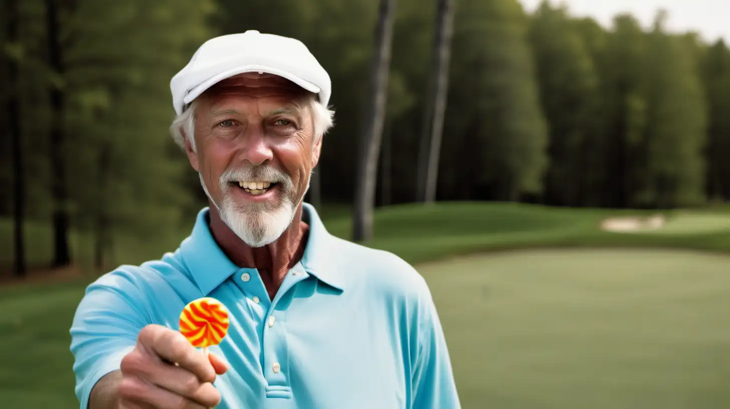 American man of 40 years on golf course. He offers a single candy.