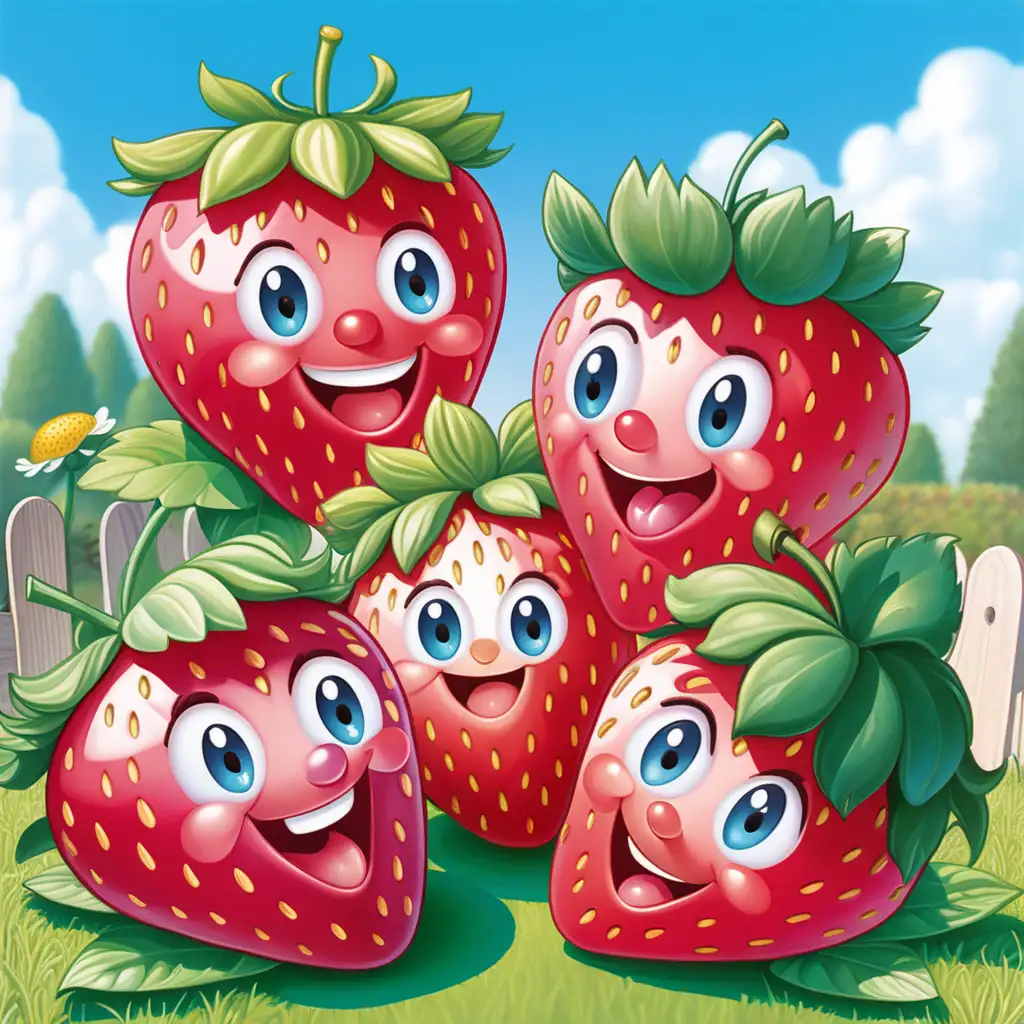 Three very beautiful and apetisant smiling strawberries colored page with one strawberry cut în half with a garden background and blue sky