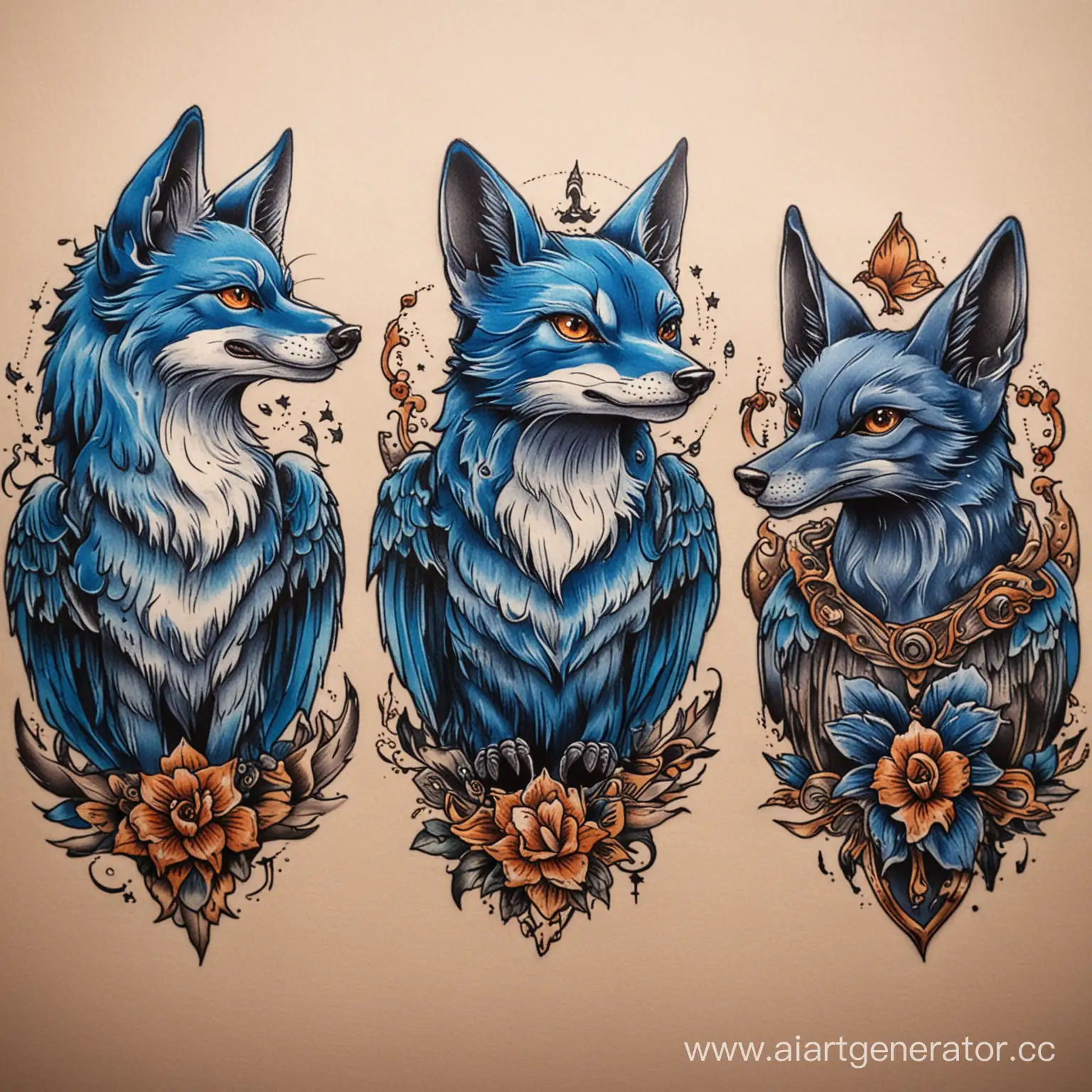 Traditional old school tattoo blue fox, bat, pigeon and cat