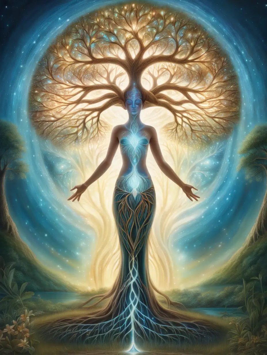 Luminous Tree of Life Mystical Woman Symbolizing Growth and Interconnectedness