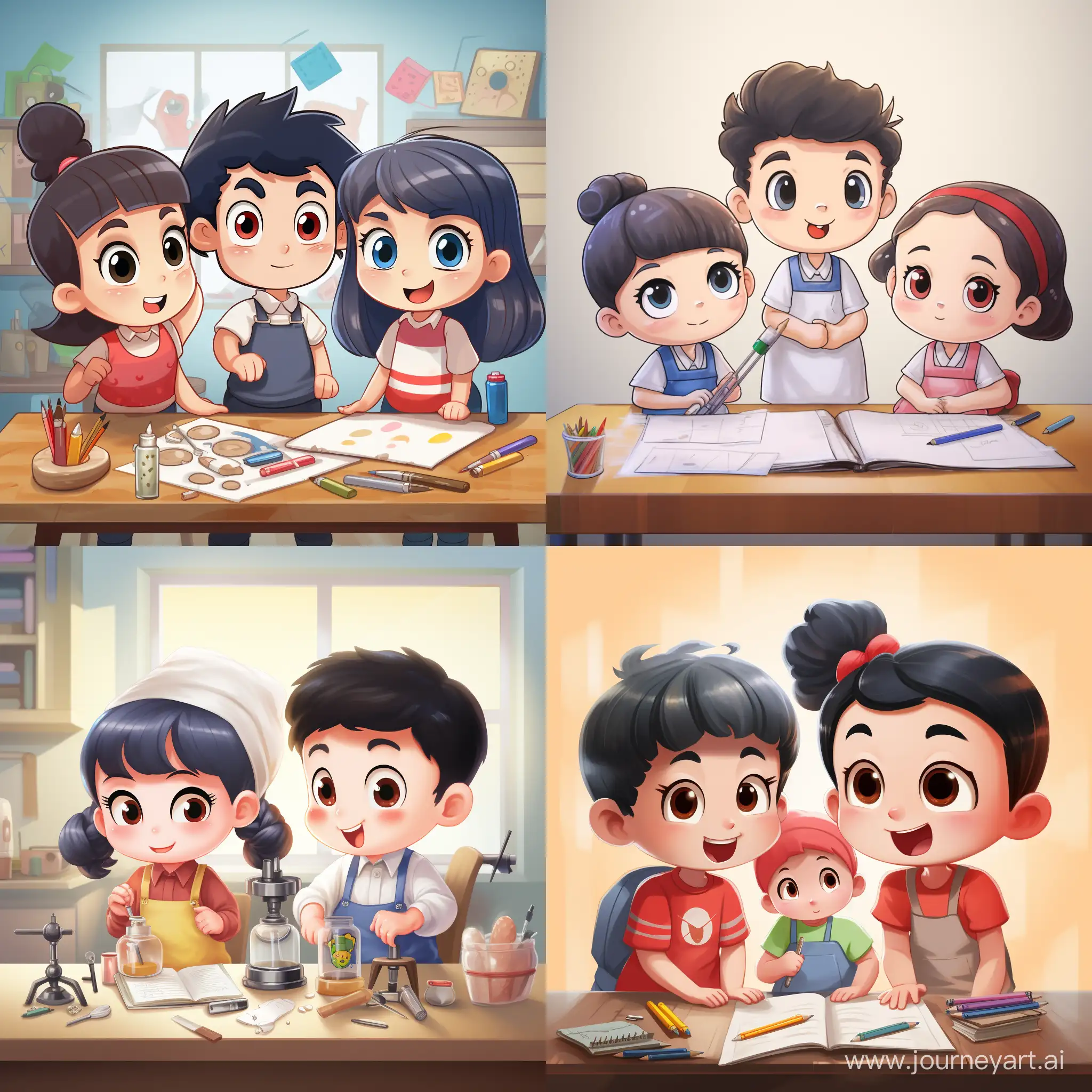 Help me to design three anime kids cartoon image, two female and one male, they are doing an experiment.they are very smart!Same as Crayon Shin-chan.
