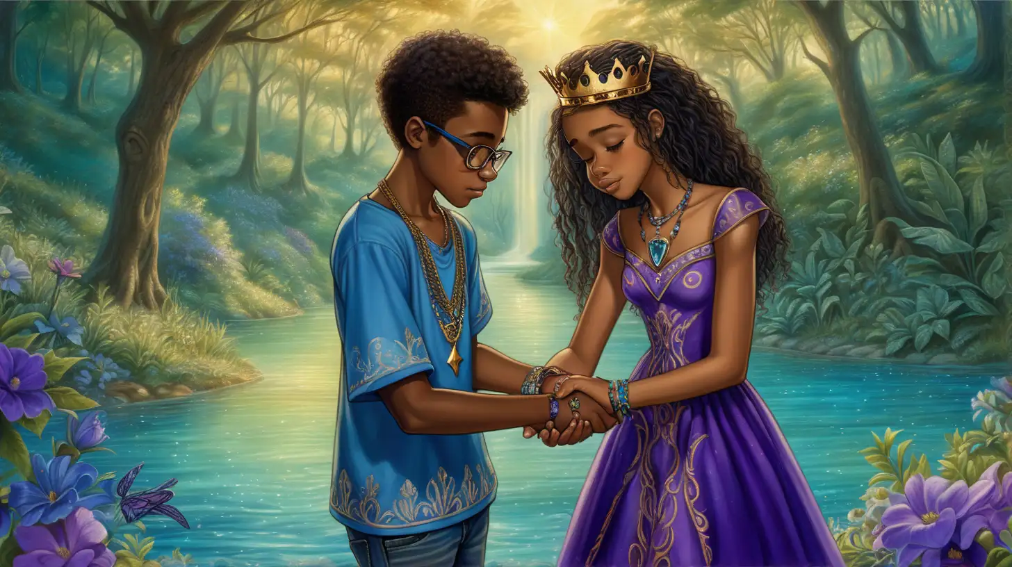 African-American teenage boy "with glasses" wearing t-shirt and jeans. His hands are holding hands with an African-American teenage-girl "without glasses." She is wearing an elegant princess-medieval golden embroidered dress and gemstone-necklace and bracelets and crown, she's crying in his shoulder. Surrounded by blue and purple floral forest, 8K. Bright purple magical waters in the lake