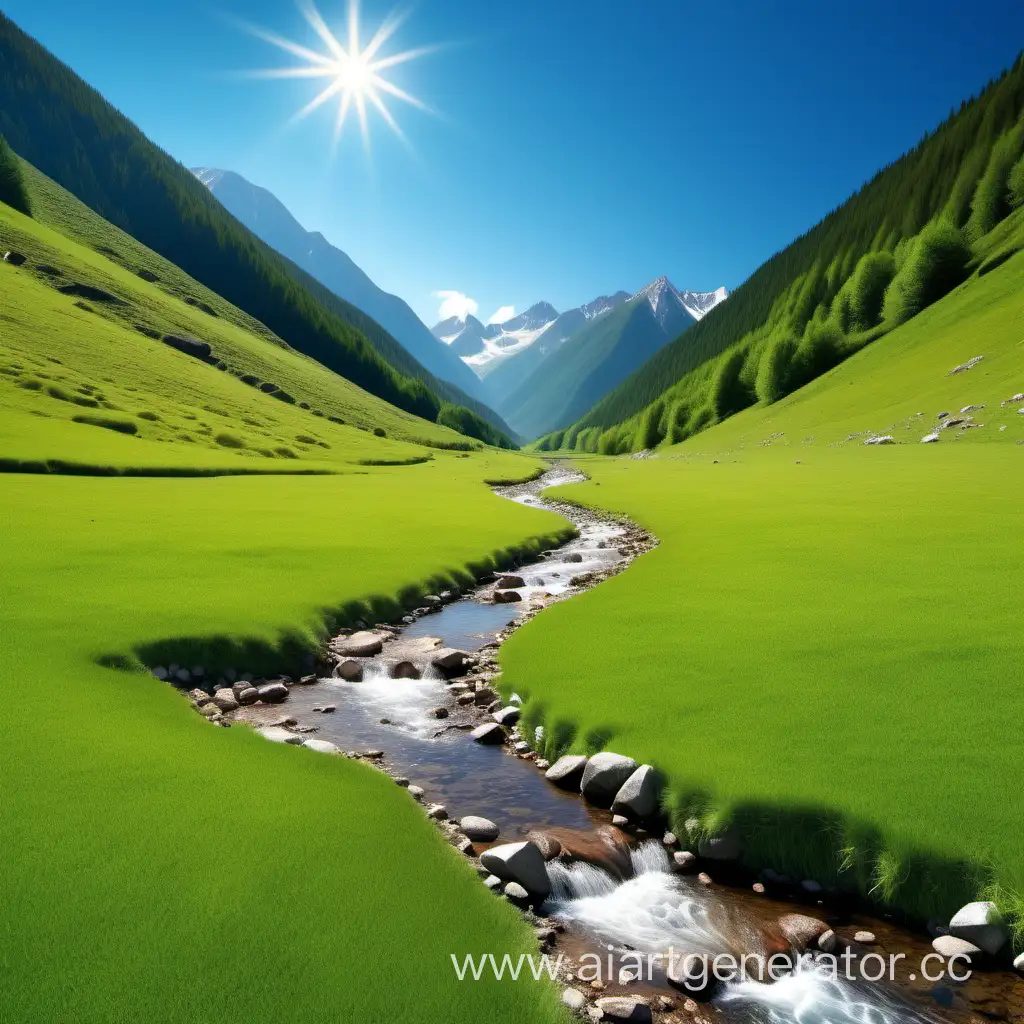 Красивая горная местность в яркий солнечный день с голубым небом,  с зеленым лугом и ручейком  

