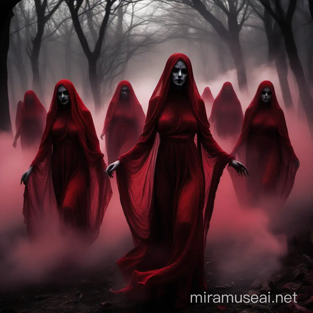 Ethereal Crimson Shades Mystical Beings Drifting Through the Night