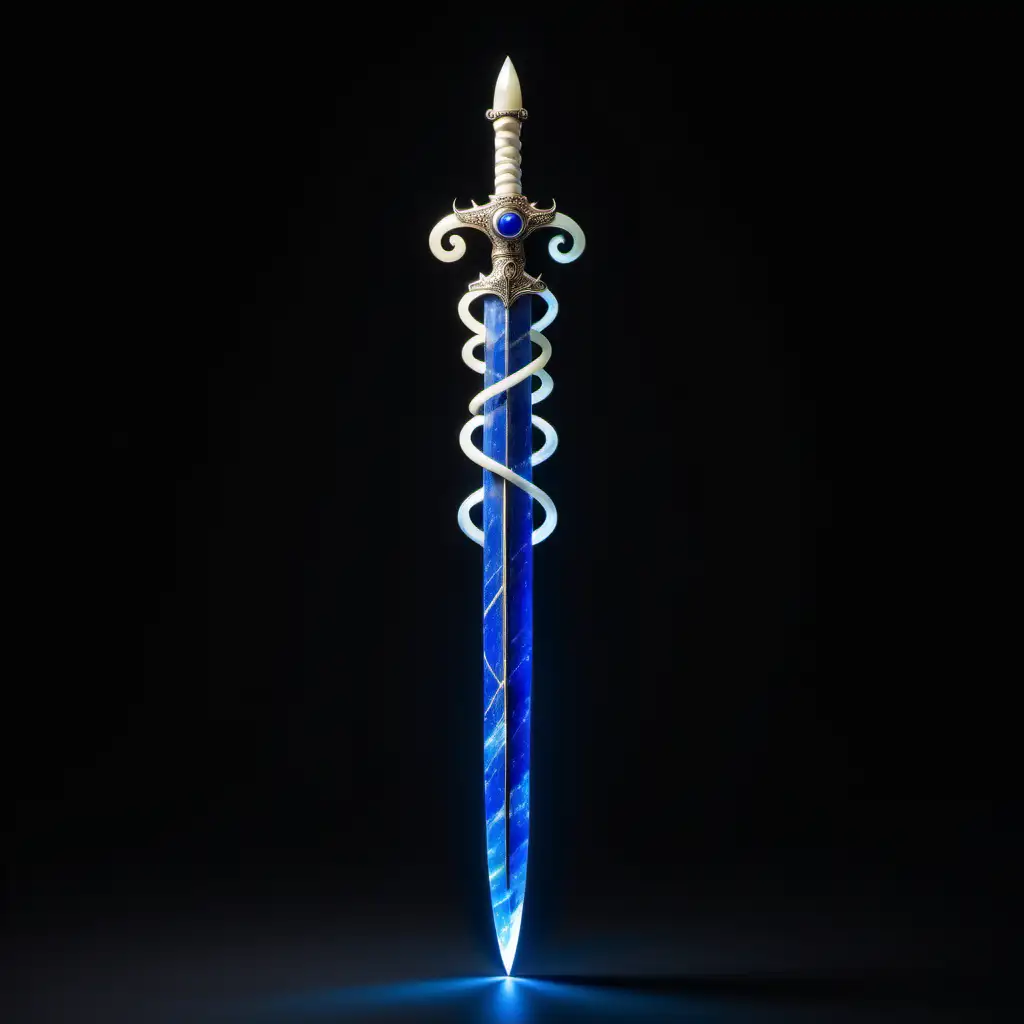 Luminous lapis sword with three thin, glowing ivory rods spiraling around it in opposite, symmetrical directions