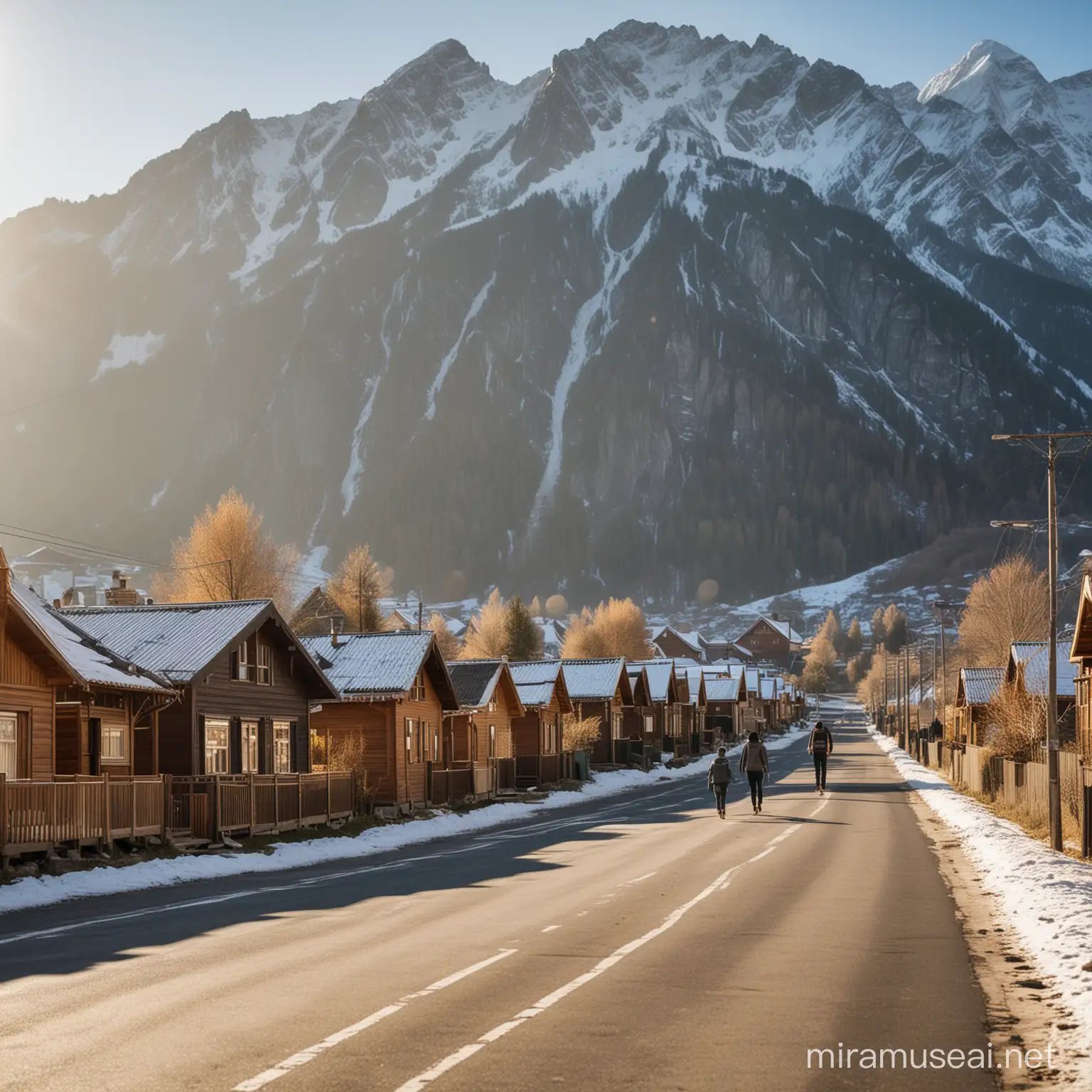a row of wooden houses line two sides of a street, mountain backdrop, people walking on the road, winter sun shining,