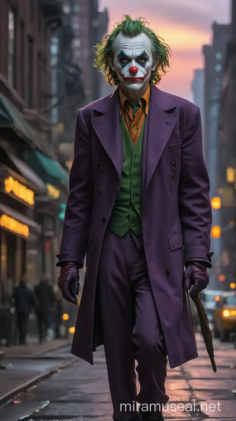 El Joker viejo y cansado caminando por las calles de new York en la oscuridad de la noche , con fondo el sunset y un planeta inmenso 