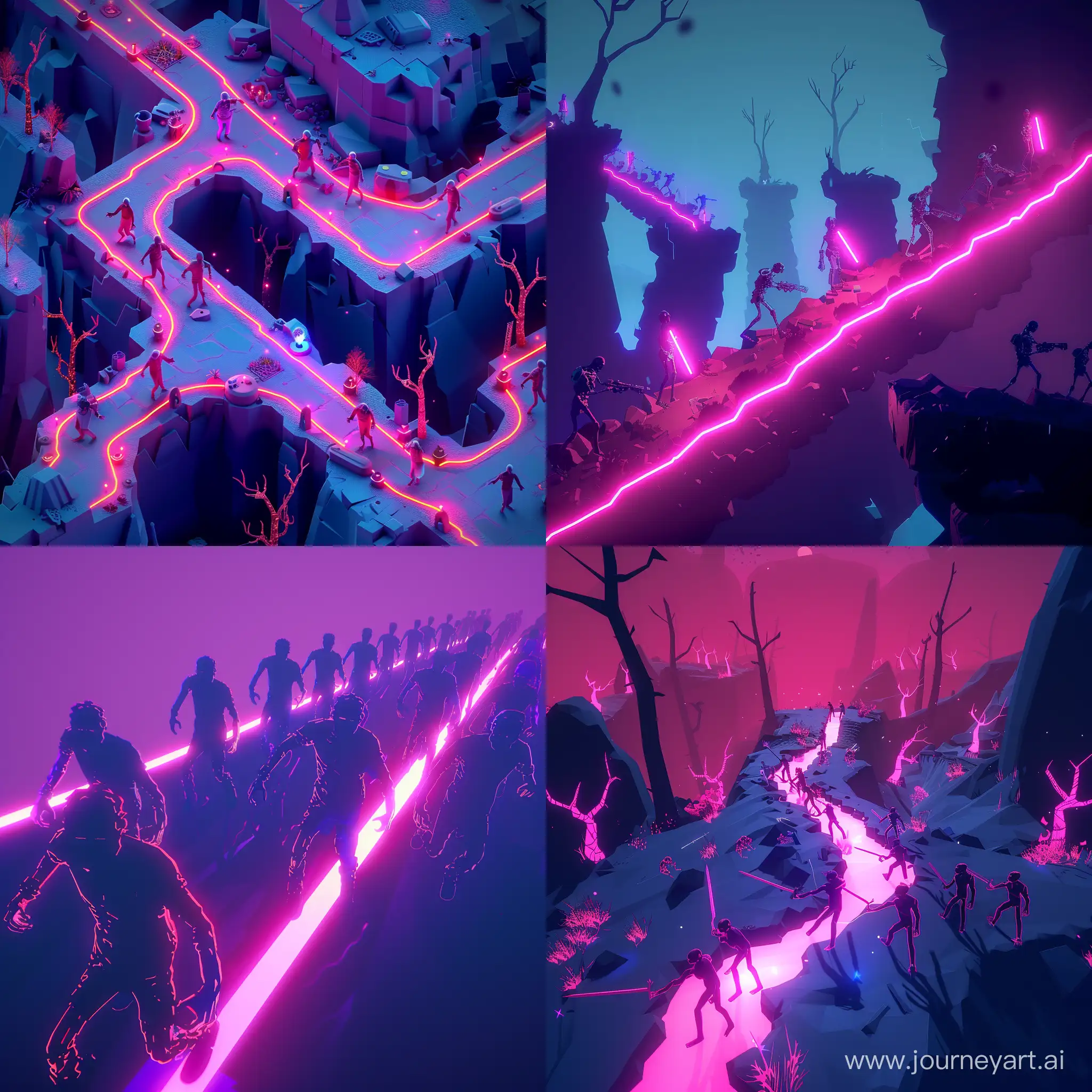 Undead against creatures from the abyss in a minimalist neon style along the contour. 3D game on Unity