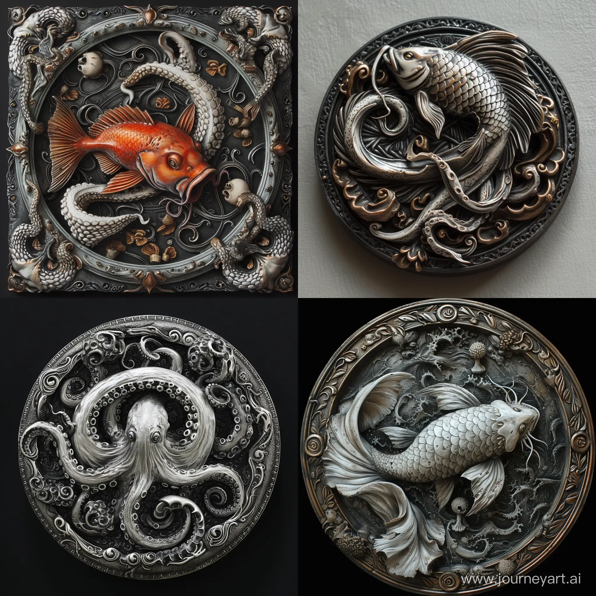 The image of a silver pendant. In the middle of the pendant there is an angler fish on the background of a flame of fire and hands :: Around the fish is a wheel with a pattern on the border consisting of octopus tentacles and human legs:: realistic