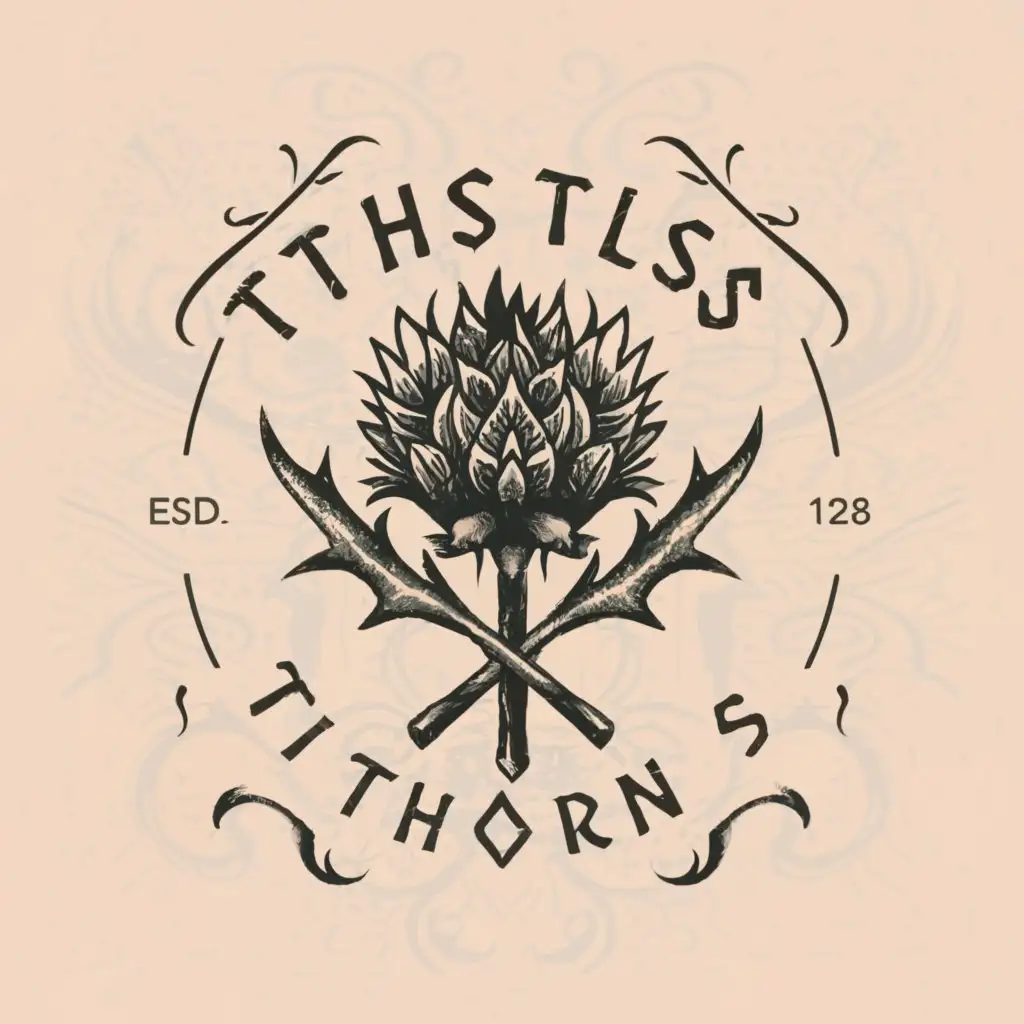 a logo design,with the text "Thistles & Thorns", main symbol:a Thistle with thorns in a abstract minimalistic theme vintage traditional tattoo type font,Minimalistic,clear background