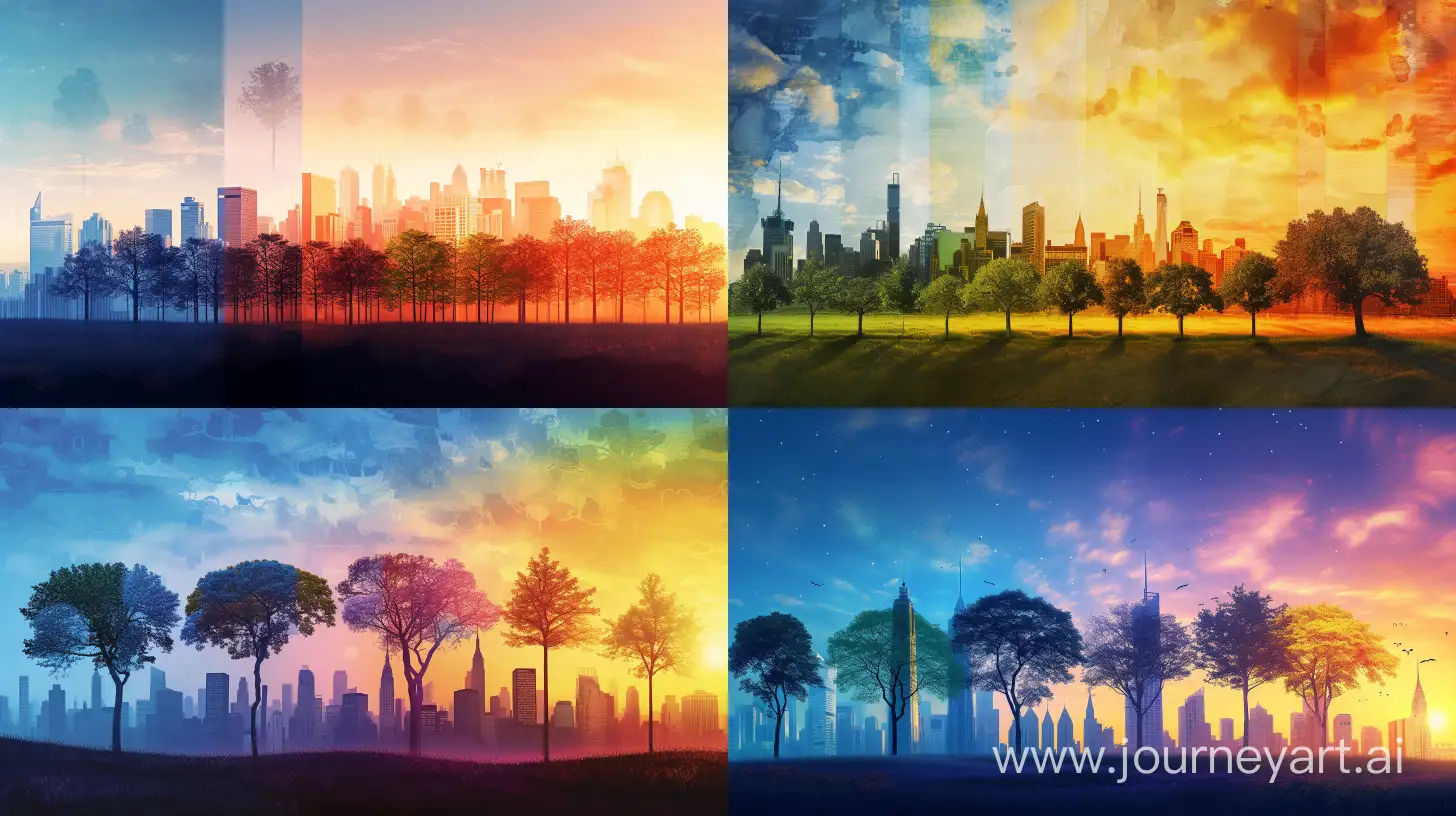 /imagine prompt: A timeline showing the transition from dawn to dusk over a vibrant landscape, symbolizing the passage of time and continuous improvement. Trees grow taller, a city skyline evolves from traditional buildings to modern skyscrapers. Created Using: detailed landscape painting, sunrise and sunset colors blending, growth and evolution theme, dynamic lighting, soft to vivid color transition, deep focus on skyline evolution, high definition quality, natural look --ar 16:9 --v 6.0