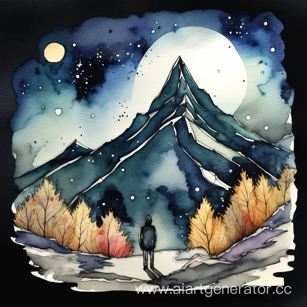 Person-Under-Night-Sky-Admiring-Mountain-Landscape-in-Ink-and-Watercolor