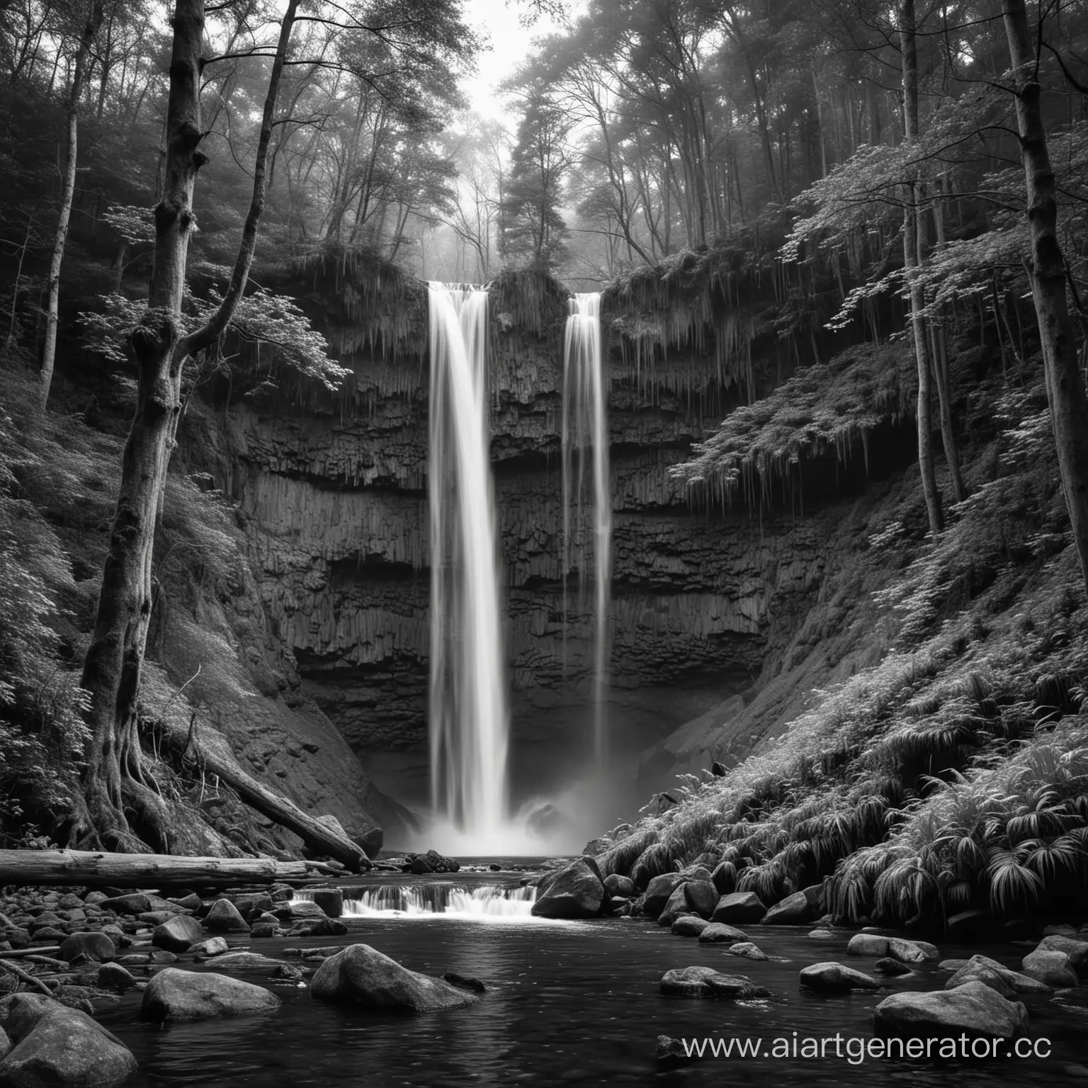Черно белая картинка леса с водопадом