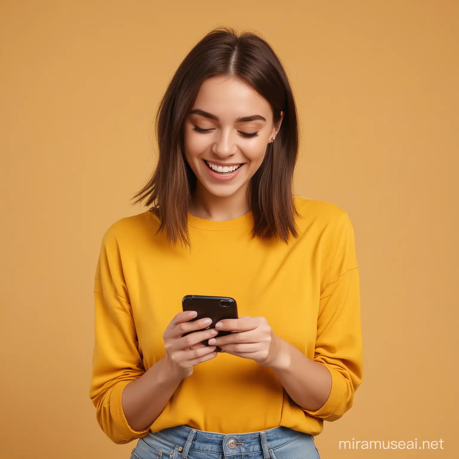 young happy female looking at phone, yellow background
