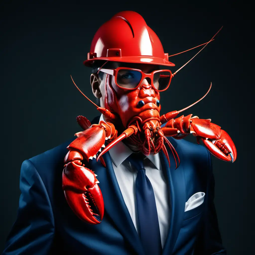 sexy lobsterman, having lobster covered his face, wearing expensive suit , photorealistic

