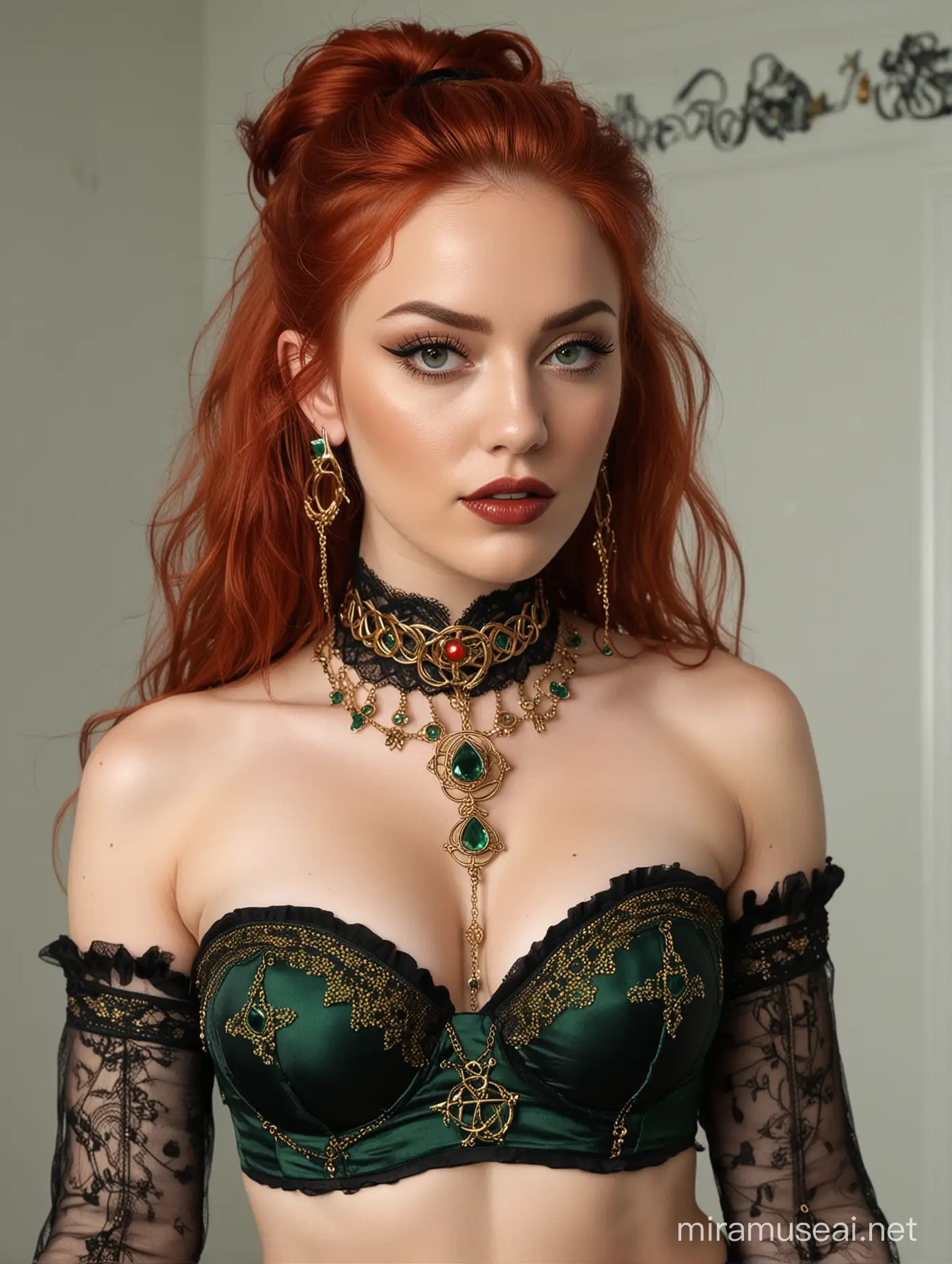 Sensual Woman in Vivid Green Corset and Gold Jewelry on Marble Floor