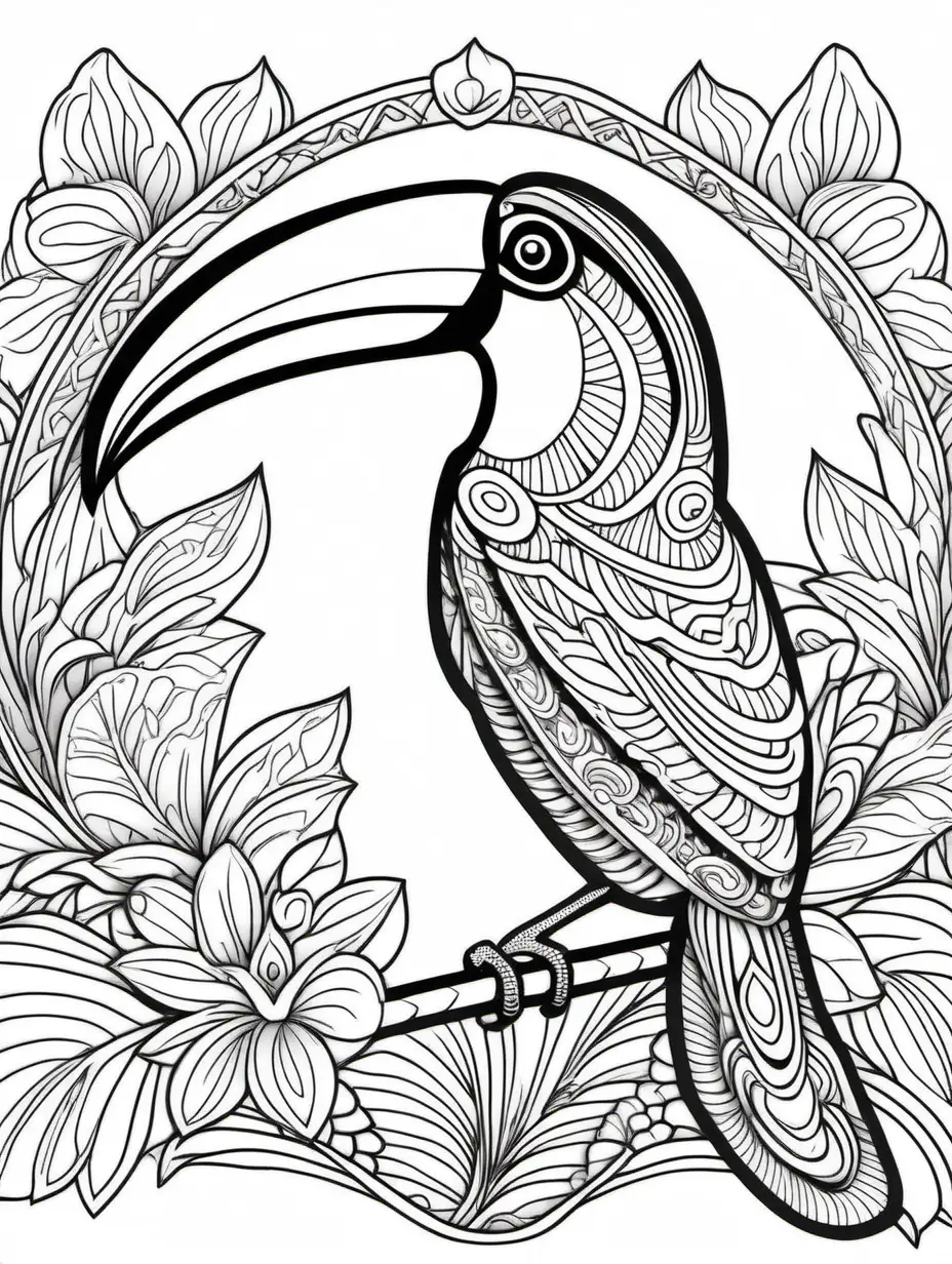 adult coloring book, toucan, no infill in beak, mandala, low detail, no black infill, no grey infill, no infill, no shading, no color, thin lines, simple line art, high dof, 8k
