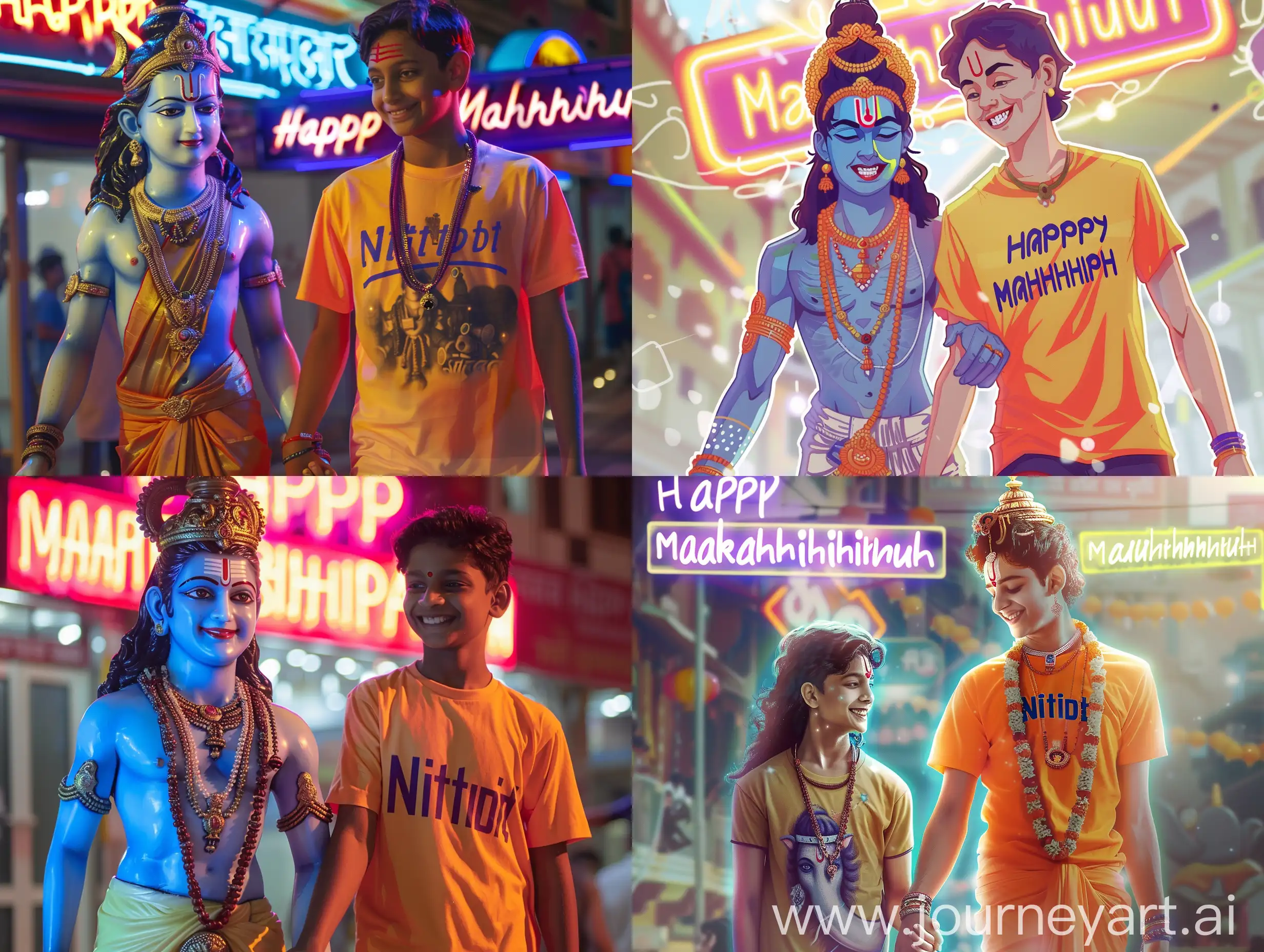 " Create an illusion the 15 year old boy closeup of lord Mahadev holding hand walking with a 20 year old boy wearing a saffron tshirt written name " Nitish " Big and capital font. both smiling. Background neon labels proudly display the caption " Happy Mahashivratri " , soft light reflection