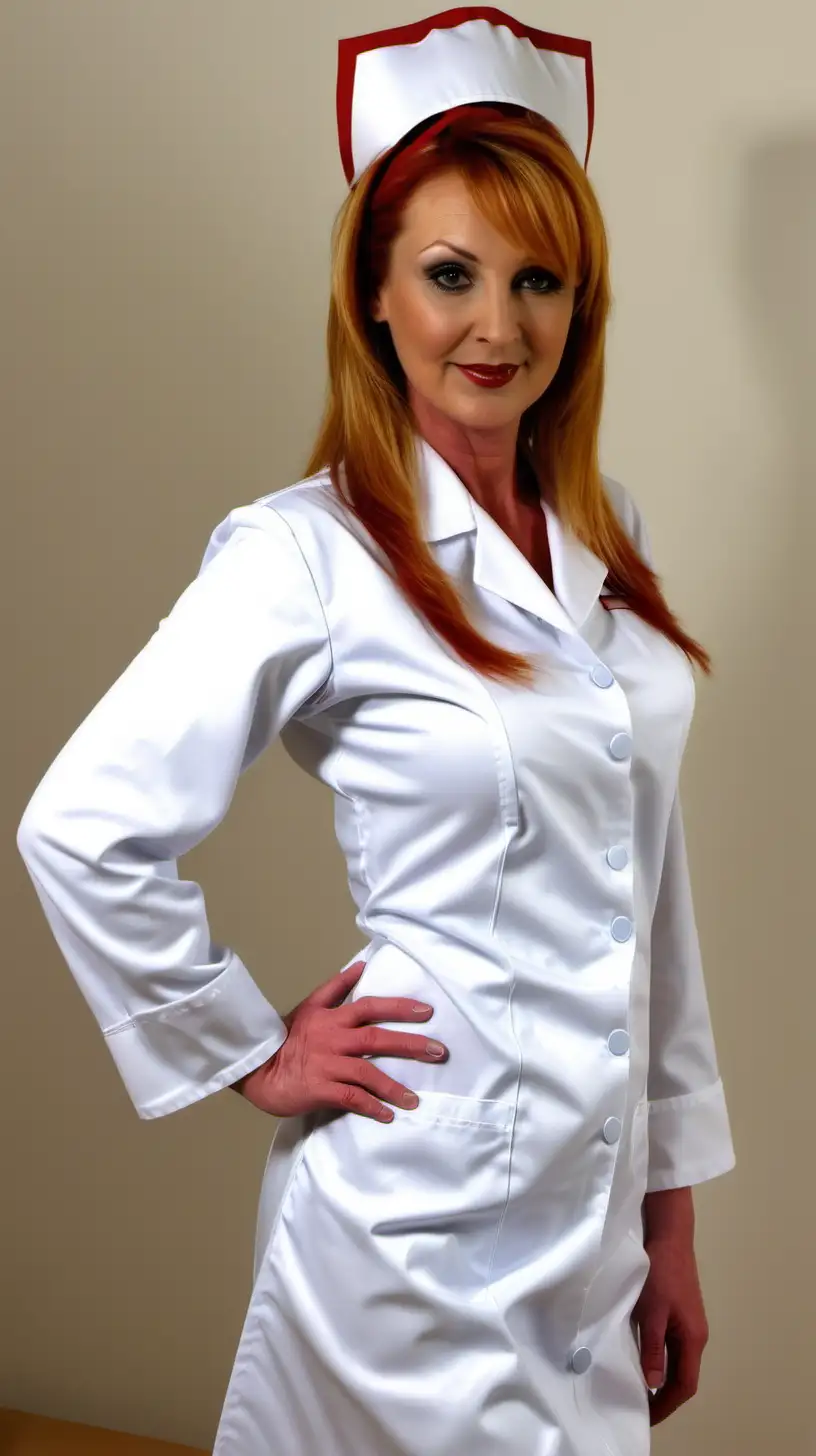 girl in long  white satin nurse uniforms and  milf mothers long blonde and red hair 