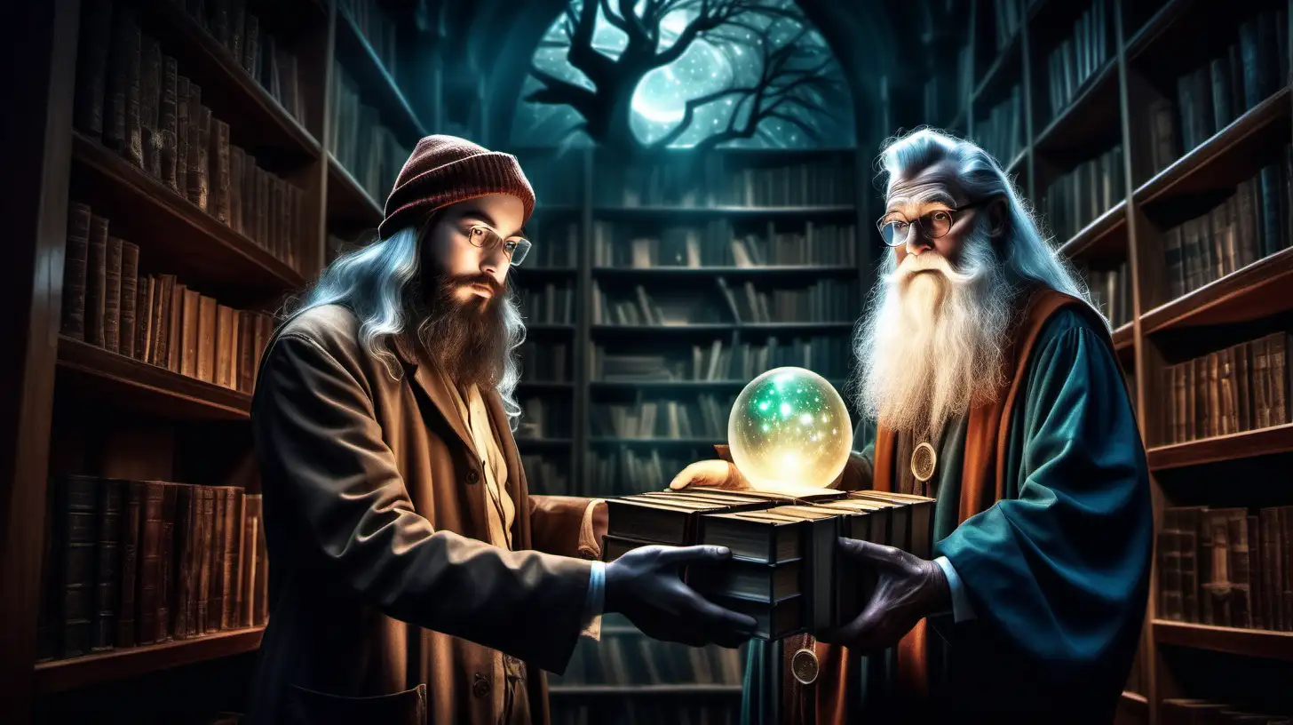 in a mysterious arcane library with large old trees, book shelves and card catalogs a young scientist-researcher hands a glowing box to an old wizard with long white beard