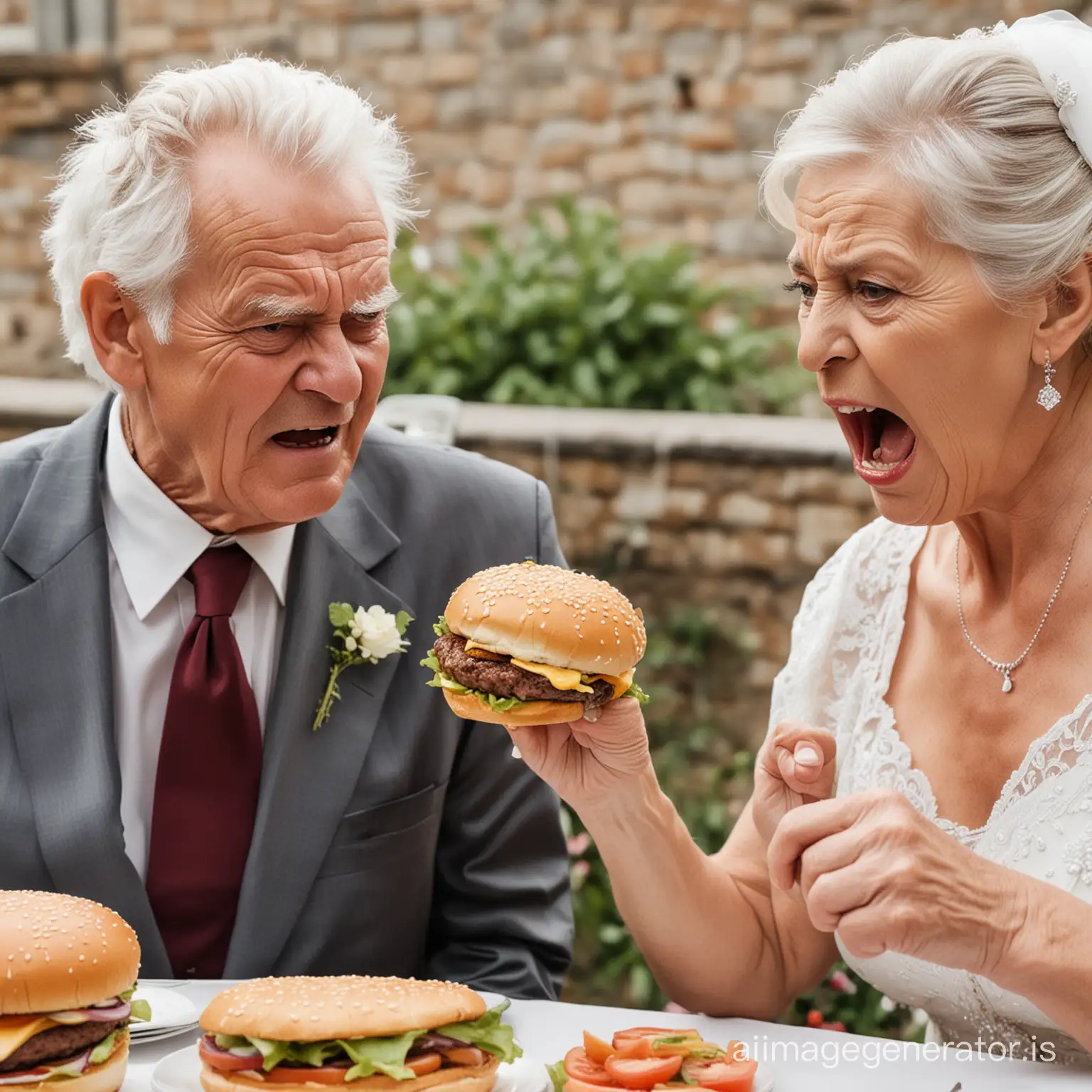 two elderly people fighting over a burger at his wedding with a very angry face