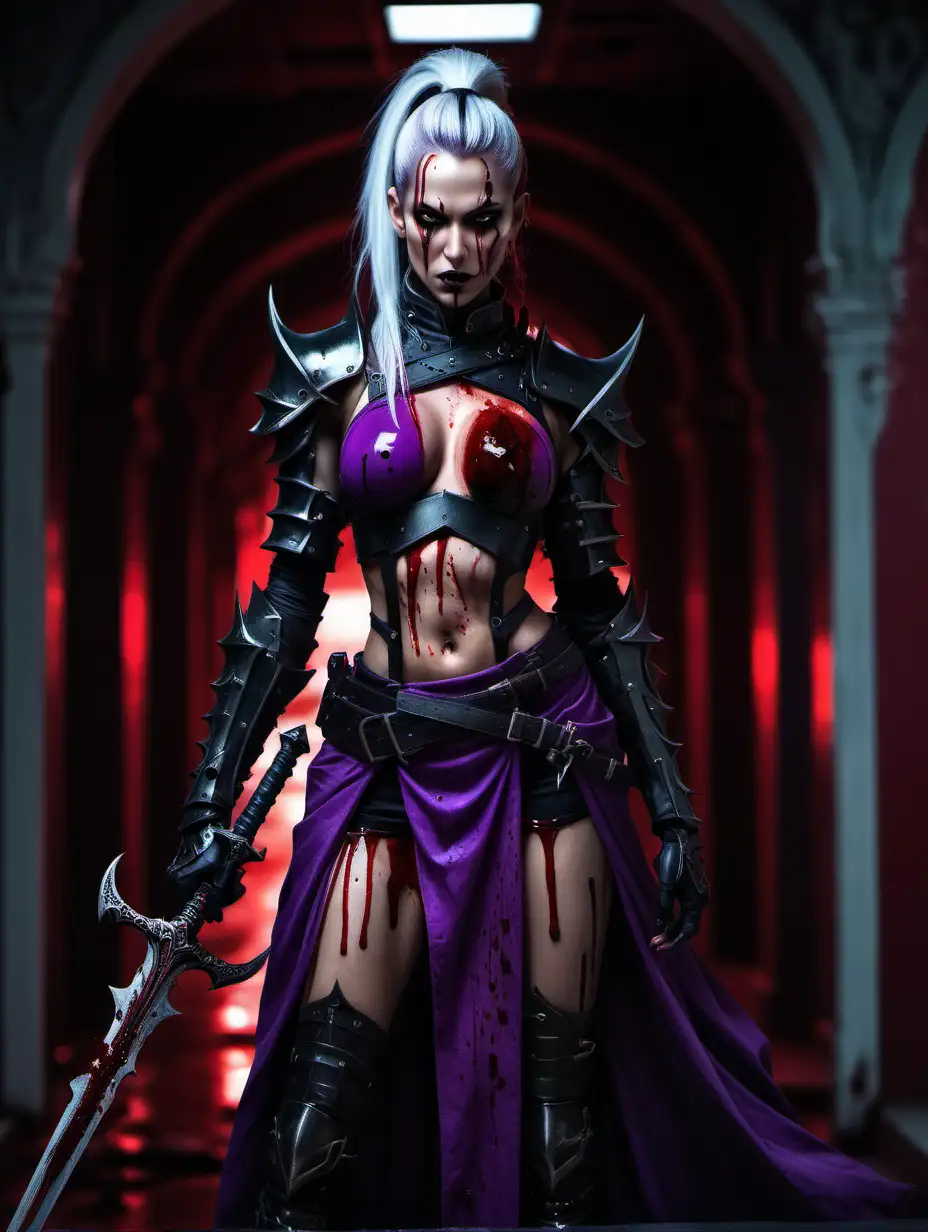 Portrait of drukhari female holding only one elegant sword dripping with blood.
Wears elegant heavy black and purple armor. Dark eyes. White hair in a ponytail.
Standing in an relaxed pose. intense look on face.
Bloodred corridor in background of image.