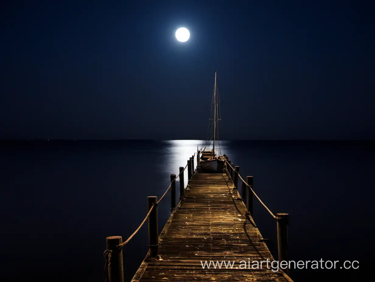 boat, pier, moonlit night