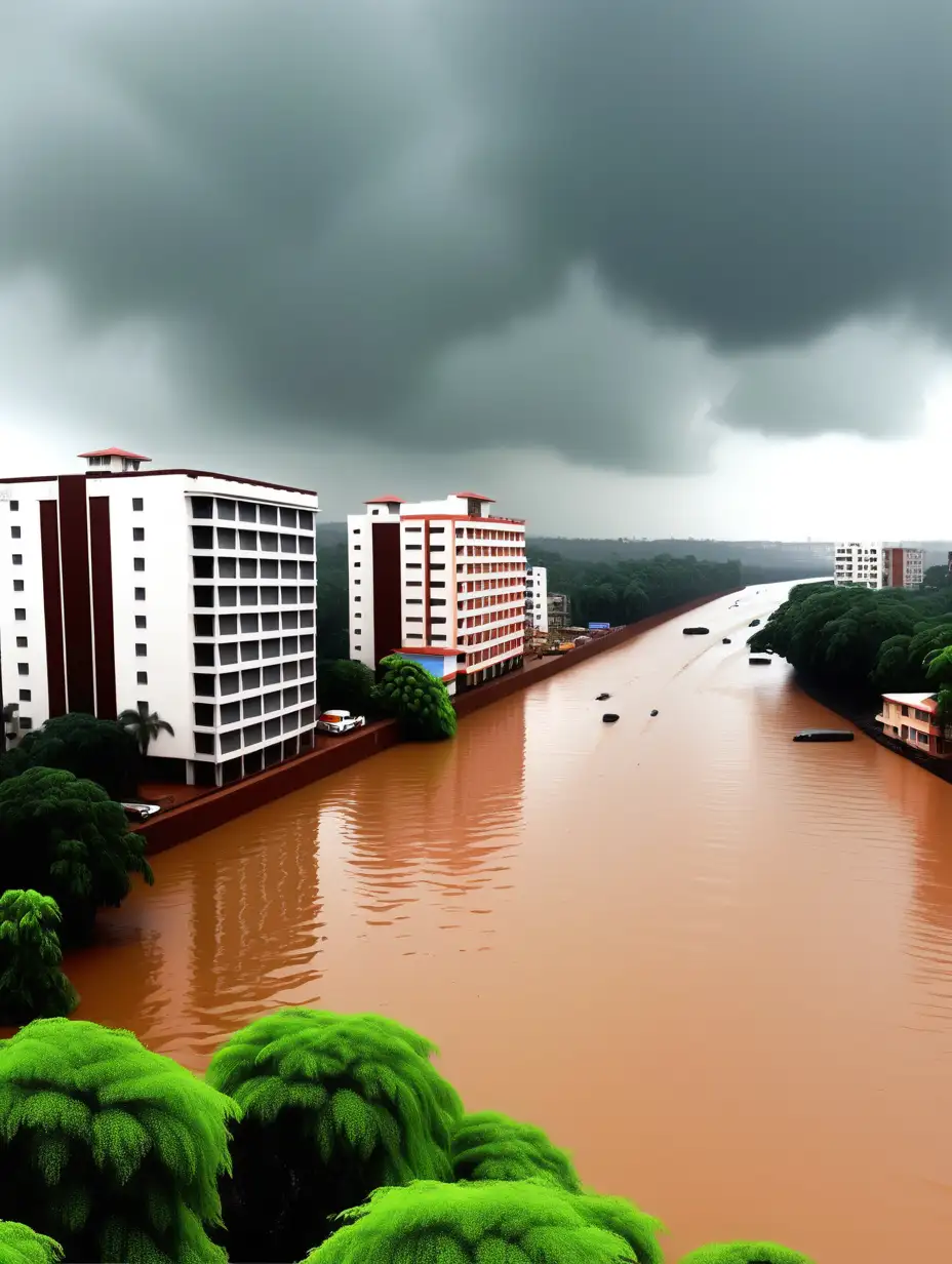 mandovi panjim river with modern low rise buildings in the rains & riparian infrastructure 