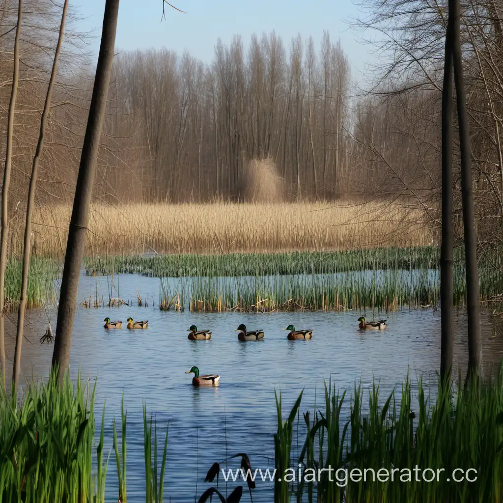 Tranquil-Spring-Scene-with-Ducks-on-Lake-and-Surrounding-Forest