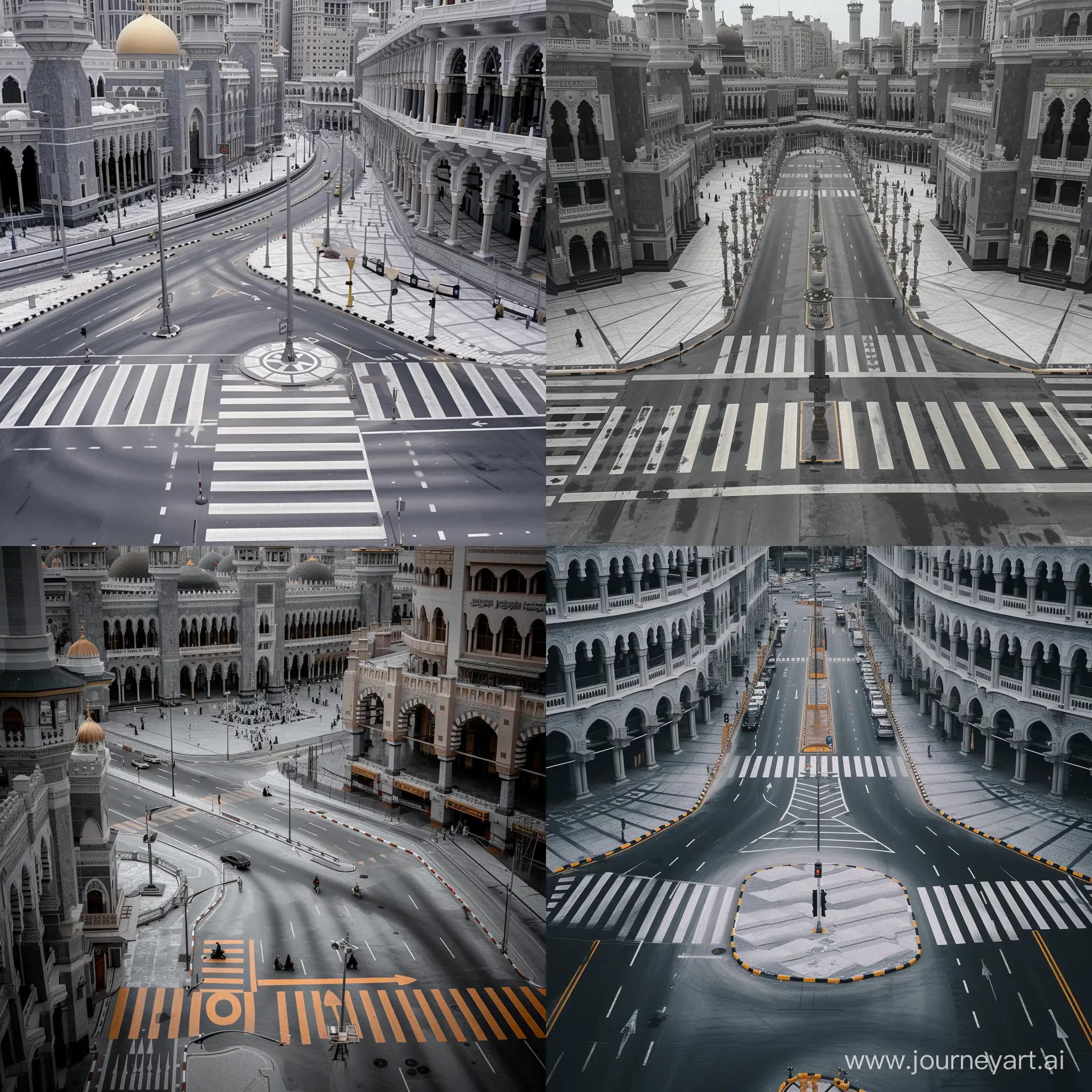 a Kuala Lampur style crosswalk at intersection of two traffic streets in great mosque of mecca, Full of many Mecca grand mosques having Masjid al Haram exterior lined along the streets, Masjid al Haram facades, grey weather, high view --v 6