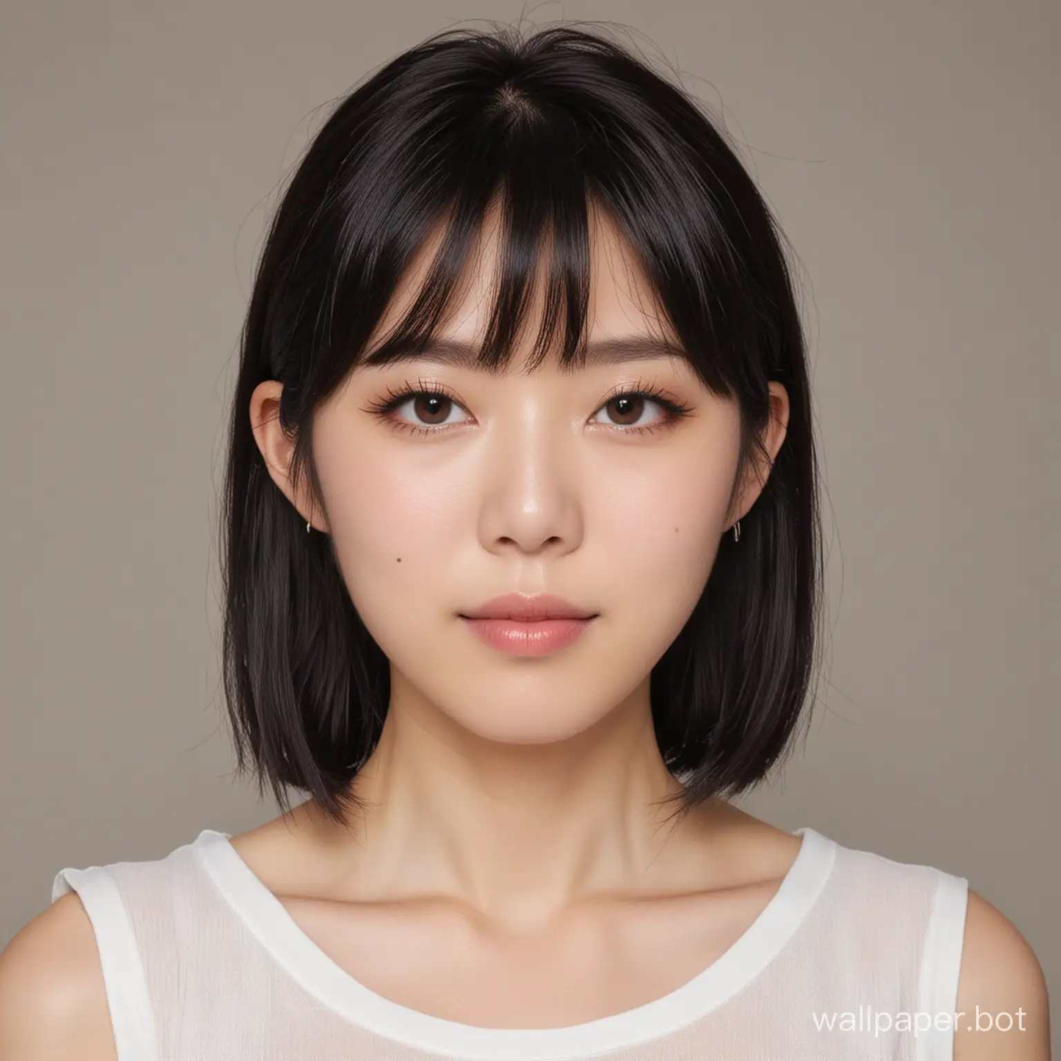 interview  photo of a single person，female japanese face, white skins, medium black hair