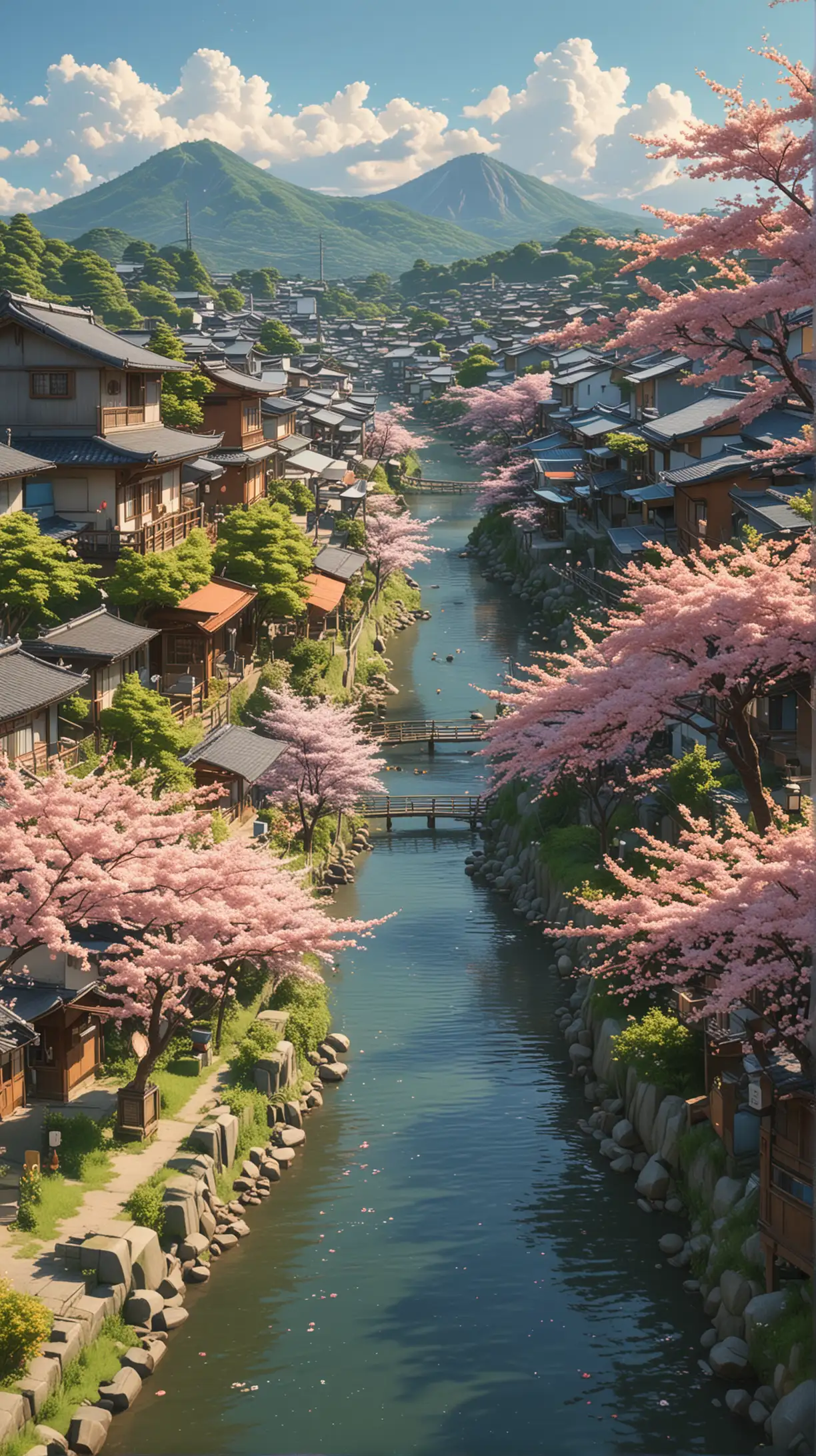 Summer vibes in small village in japan, vibrant variant flowers, beautiful sky,  neighbourhood, river, lush green, cherry blossom, oranges tree, kids playing, Ghibli studio style, Makoto Shinkai, Render 8k, acrylic palette colors, Ultra detailed, --ar MJ C v 6.0, stable diffusion, 3D effect