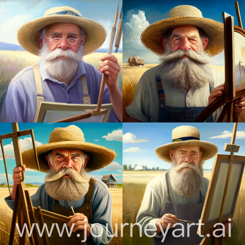 画家，老人，长着大胡子，带着草帽，在麦田里画写生，旁边是画架，吉卜力风格，高细节，最佳质量，明亮，面部拍摄，非常兴奋，睁大眼睛，眉毛高挑