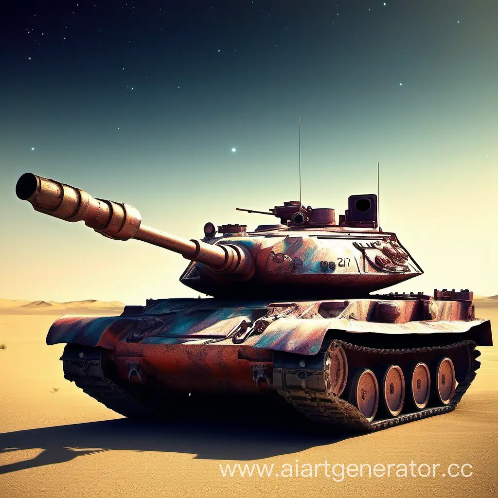 танк т62а,цвет танка космический, он находится в пустыне, танк в цвете космос