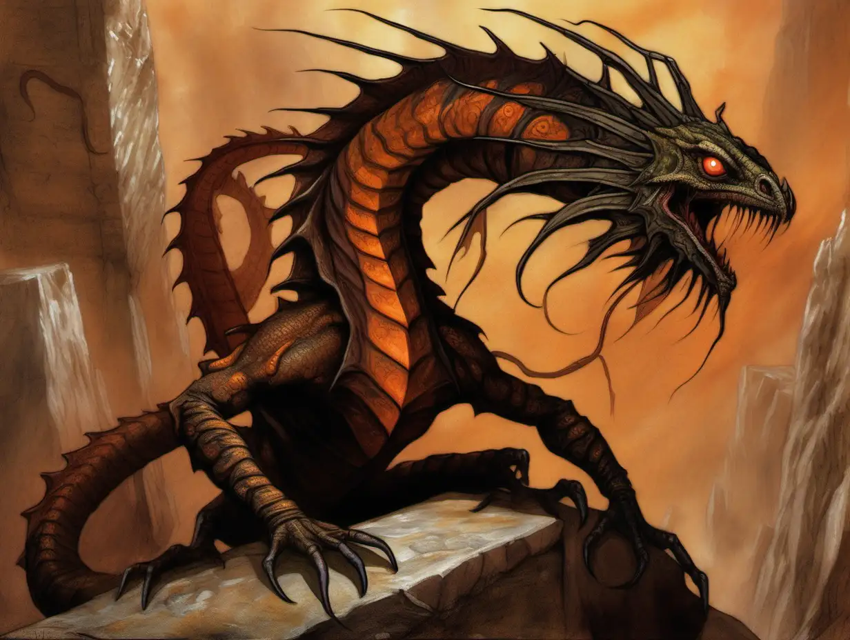 eight legged basilisk with eight legs, brown orange black, Medieval fantasy painting, MtG art