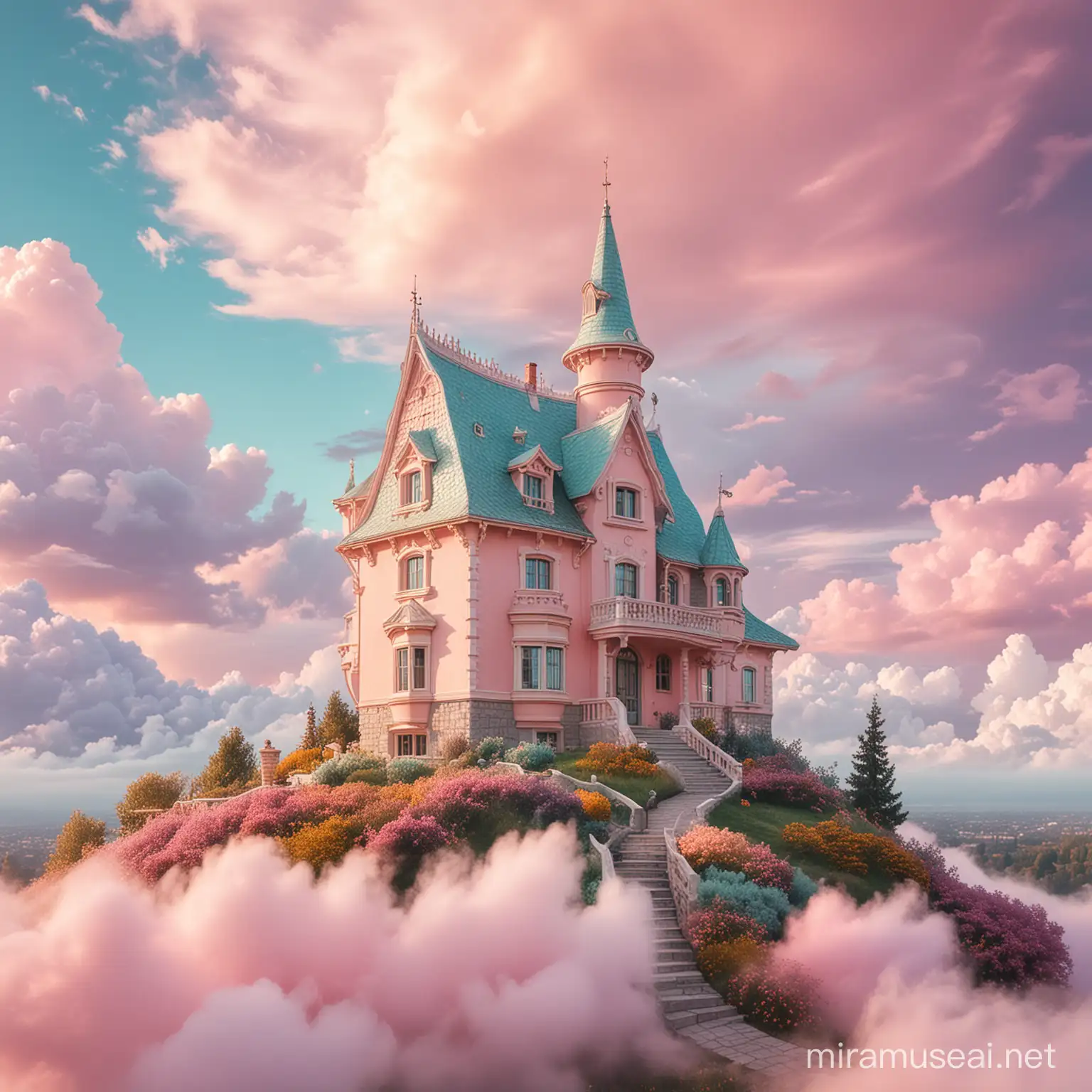 fairytale house in pastel clouds