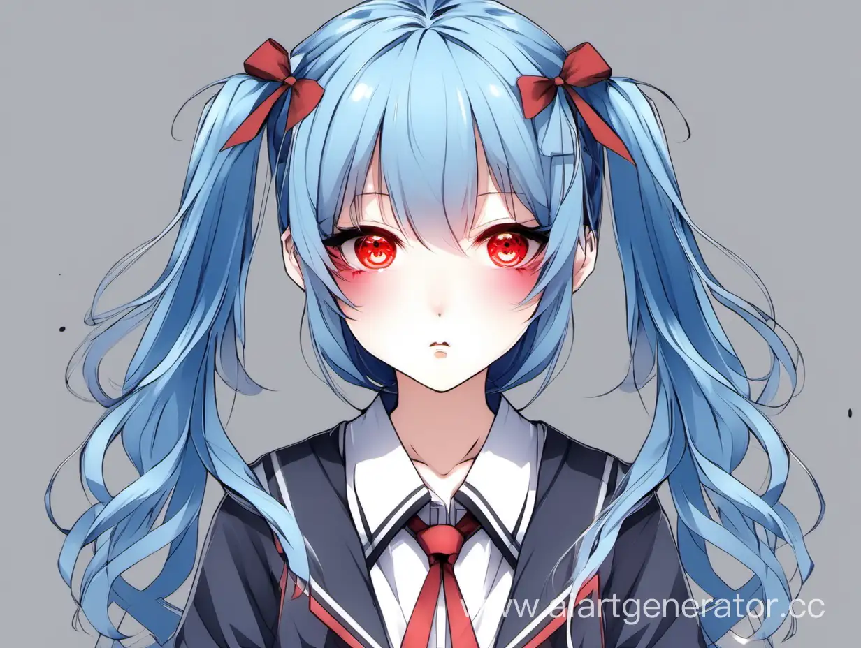 Girl with red eyes, gently blue hair with anime schoolgirl ears