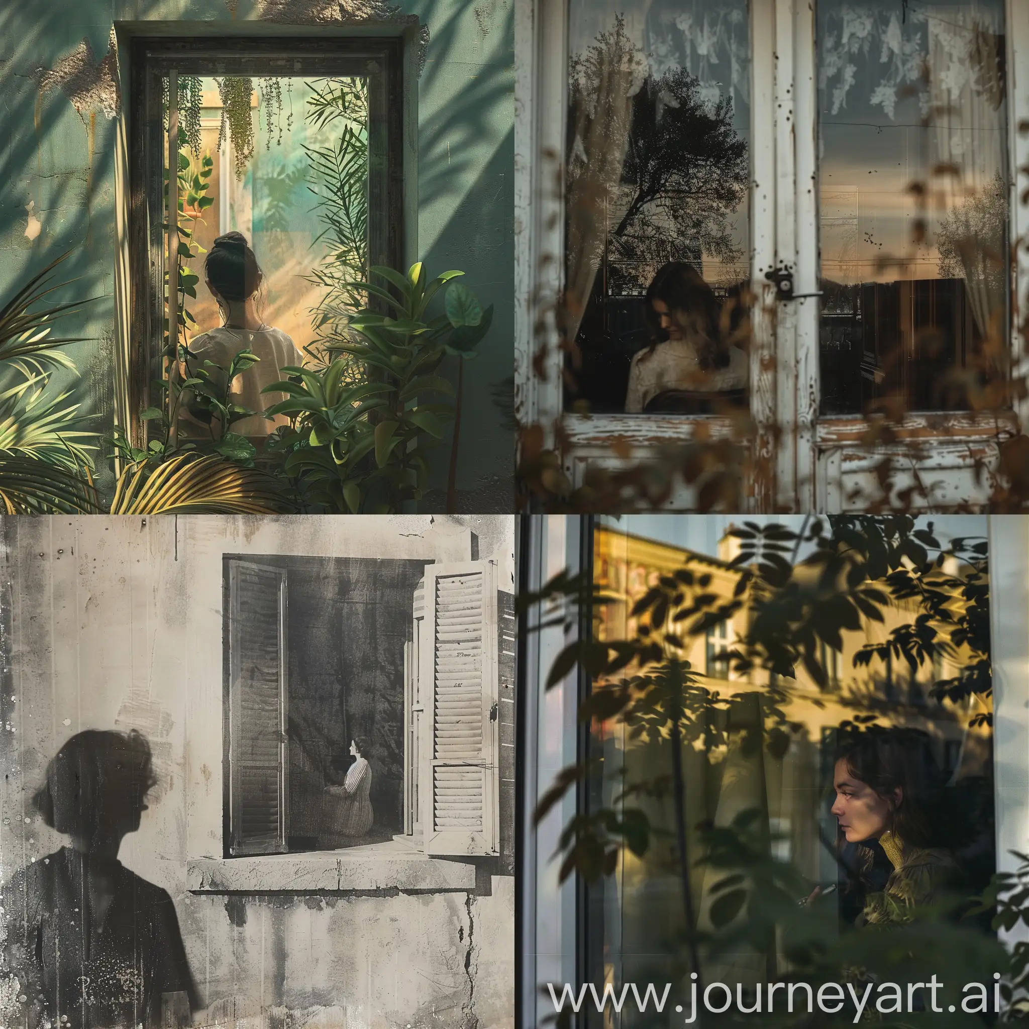 outdoor scene looking into window where you can see a woman 