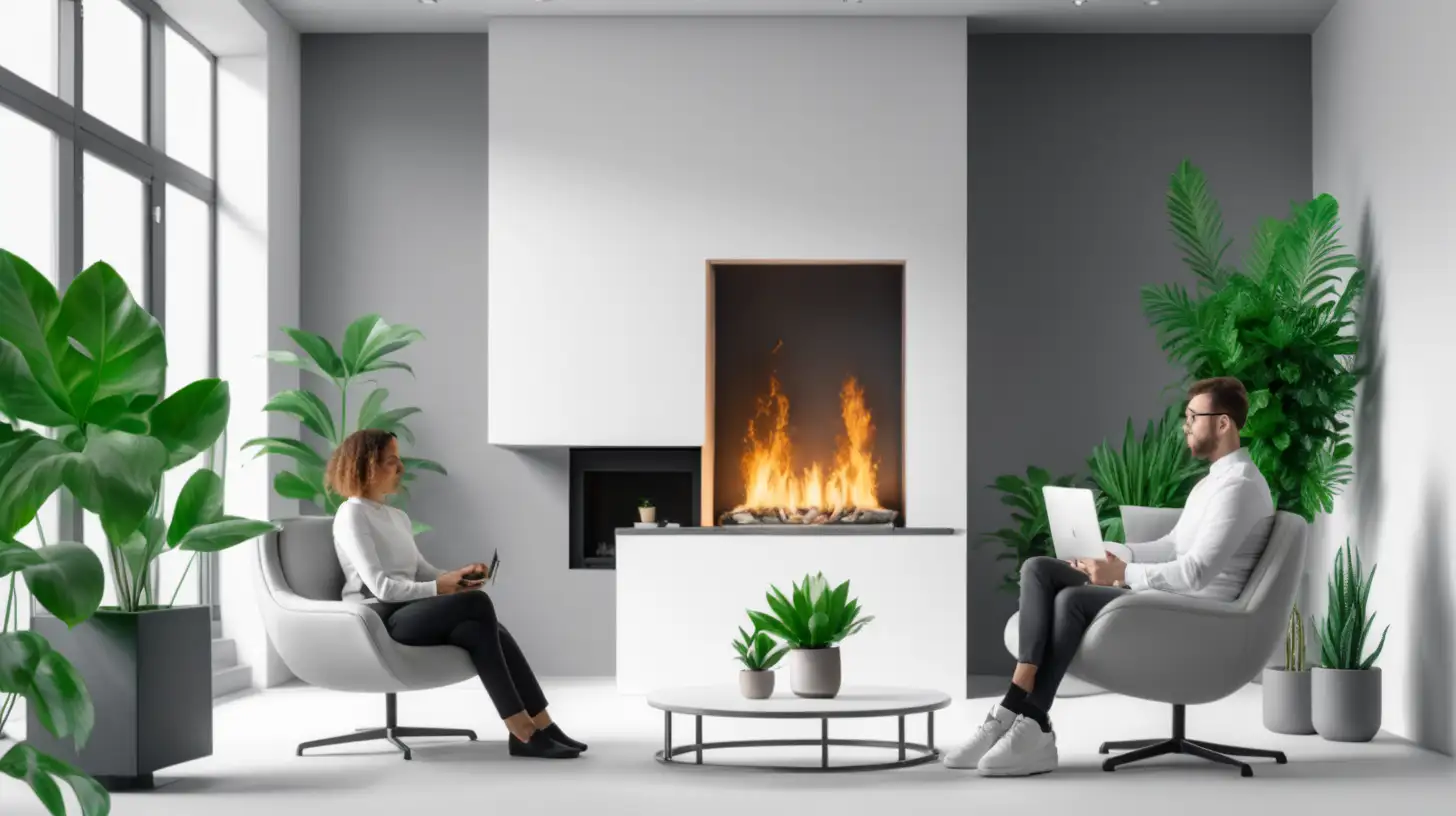 therapist with client in ambient modern white and grey office fireplace and green plants, two person in space
