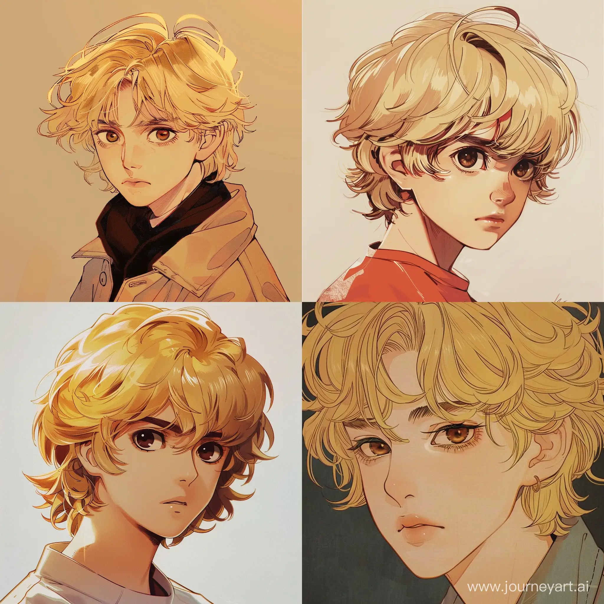 80s anime style, blonde boy, brown eyes, retro style