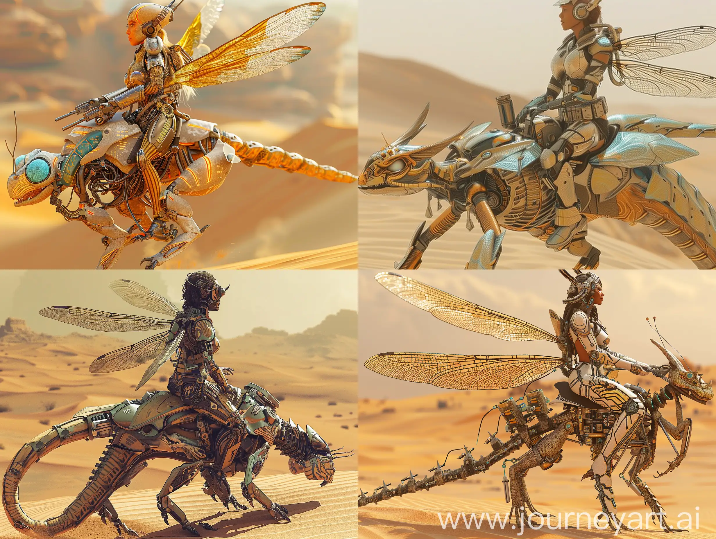 The dragonfly rider, in the style of Luis Royo and Sazen Lee design and artwork, a gorgeous anthropomorphic dragonfly goddess wearing a dragonfly biosuit with dragonfly wings and sandy-colored tiger lines desert combat armor riding her biotechnology organic alien living biomech dragonfly dragon, the setting is desert dunes on Mars, intricate transhuman, mind-bending creature design, high detail, octane render, photorealistic, photorealism, cinematic lighting, atmospheric lighting, volumetric lighting
