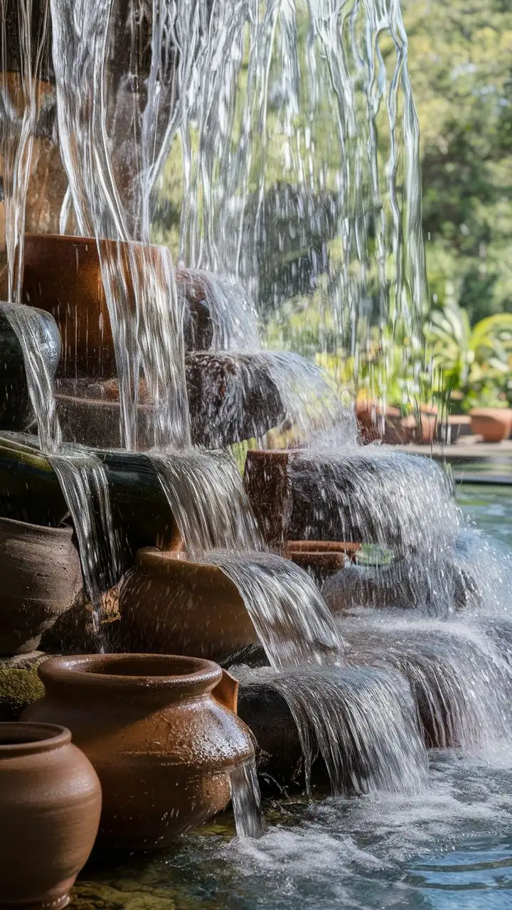 Serene Waterfall Flowing Through Cascading Ceramic Pots