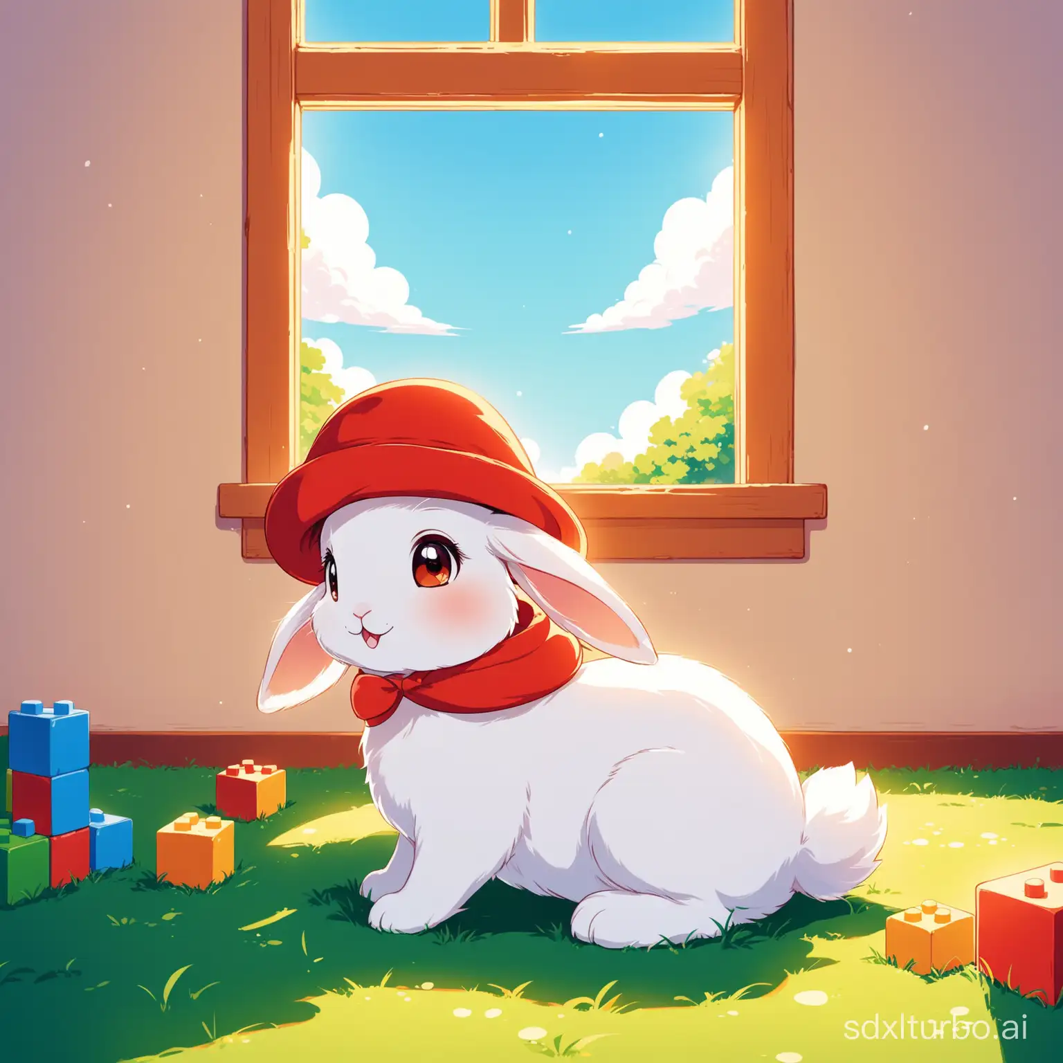 Cute-White-Rabbit-Playing-in-a-Colorful-Home-with-Building-Blocks