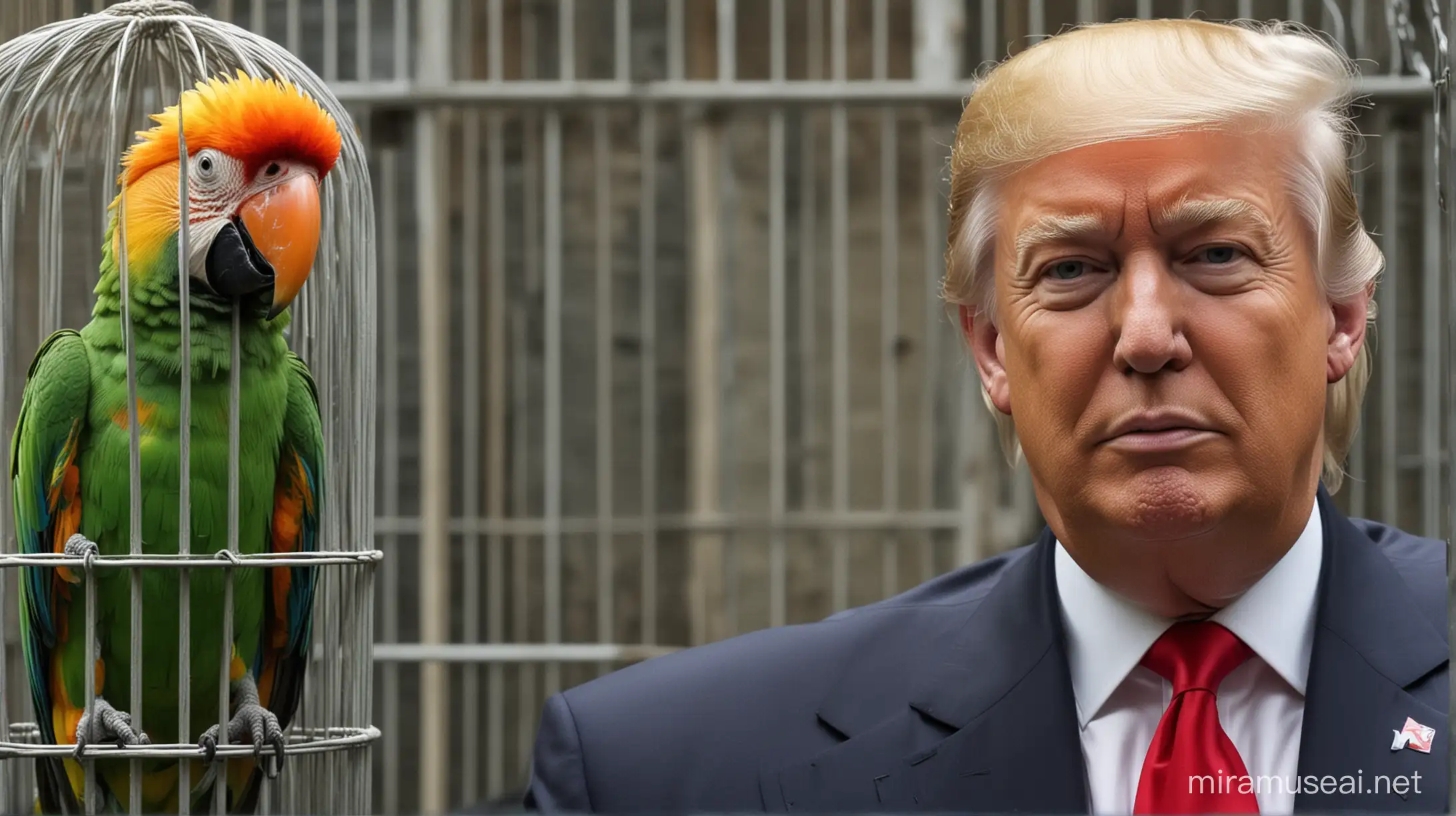 Donald Trump next to his caged parrot