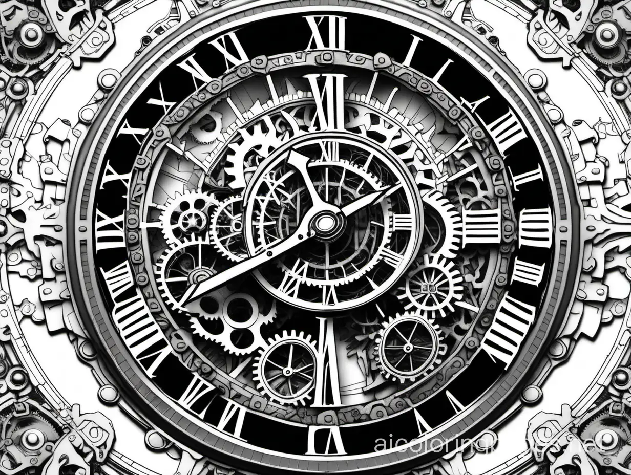 """
STEAMPUNK  STYLE CLOCK FACE,  large gears and cogs (((left edge of page and right edge of the page have perfect symmetry))), ((high contrast black and white)), 4K resolution, extra sharp focus, perfect dimensions, sharp black lines, bold white background, Coloring Page, black and white, line art, white background, Simplicity, Ample White Space. The background of the coloring page is plain white to make it easy for young children to color within the lines. The outlines of all the subjects are easy to distinguish, making it simple for kids to color without too much difficulty
"""
