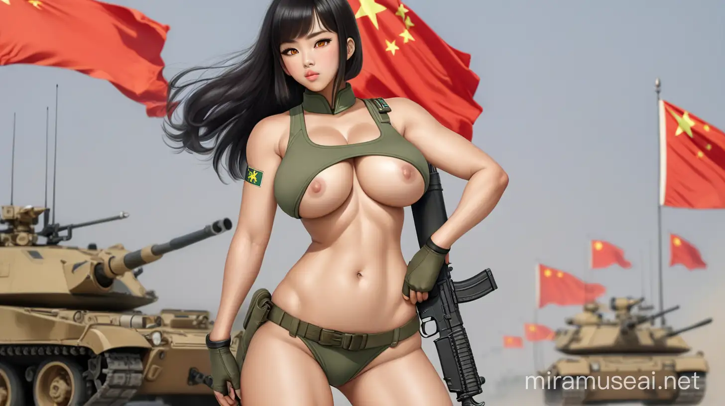 Chinese female soldier,Chinese People's Liberation Army， muscular, Yellow skin, gigantic boobs, Thick thighs, Big ass, Small nose, Cute face, Busty, Busty lips, Woman, Day light, Street, Black hair, surprise face,autumn, morning，Naked,at the Fighter cockpit，naked at the chinese flag tower to raise Chinese flag ，30 Years old, Full body, Dynamic angle, Spreaded legs, Warm light, Makeup, short hair
