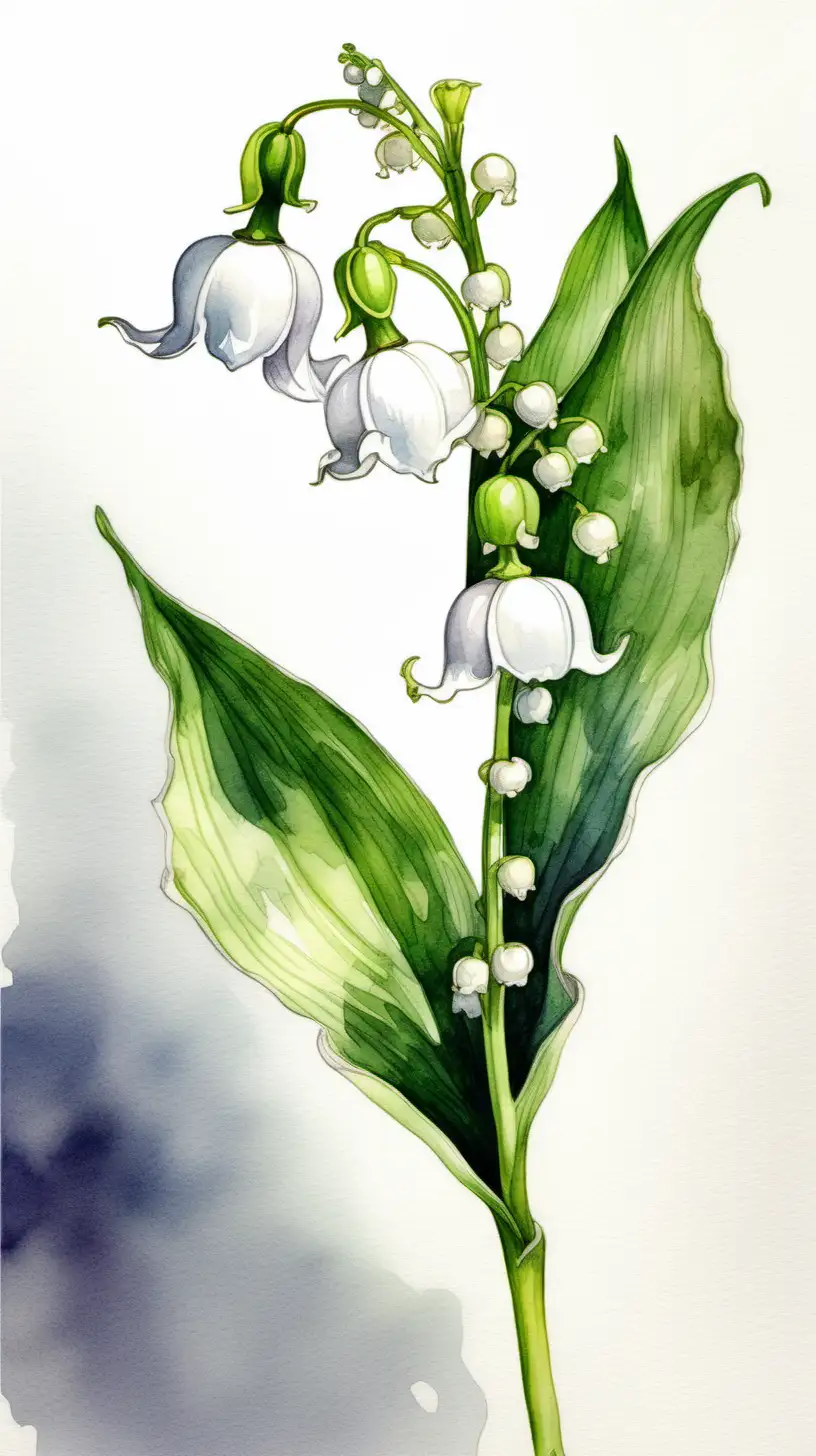  single Lily of the Valley flower with long stem in and detailed petals in white background in watercolor pseudo style, leaning to the left, vibrant 