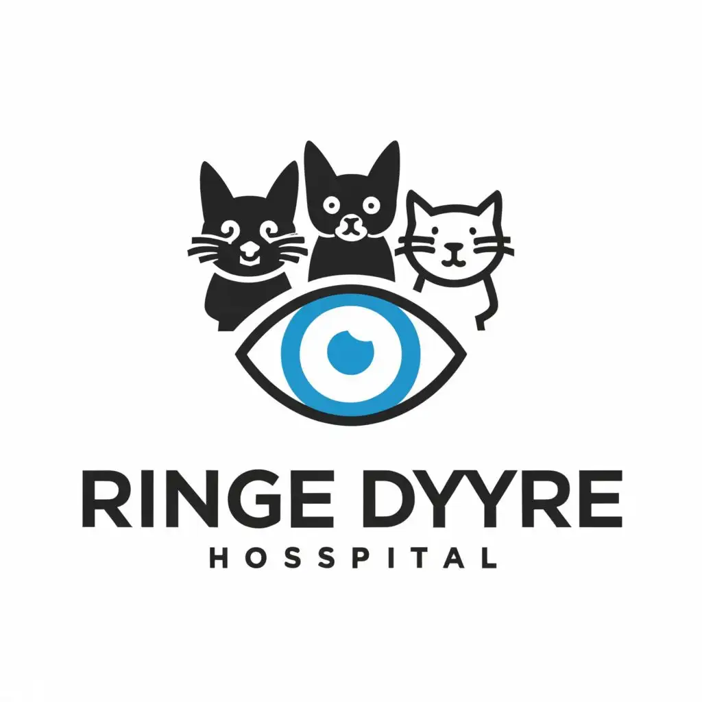 logo, a cat, a dog and rabbit around a eye. simple logo. black/white/blue color. very simple, with the text "Ringe Dyrehospital", typography, be used in Medical Dental industry