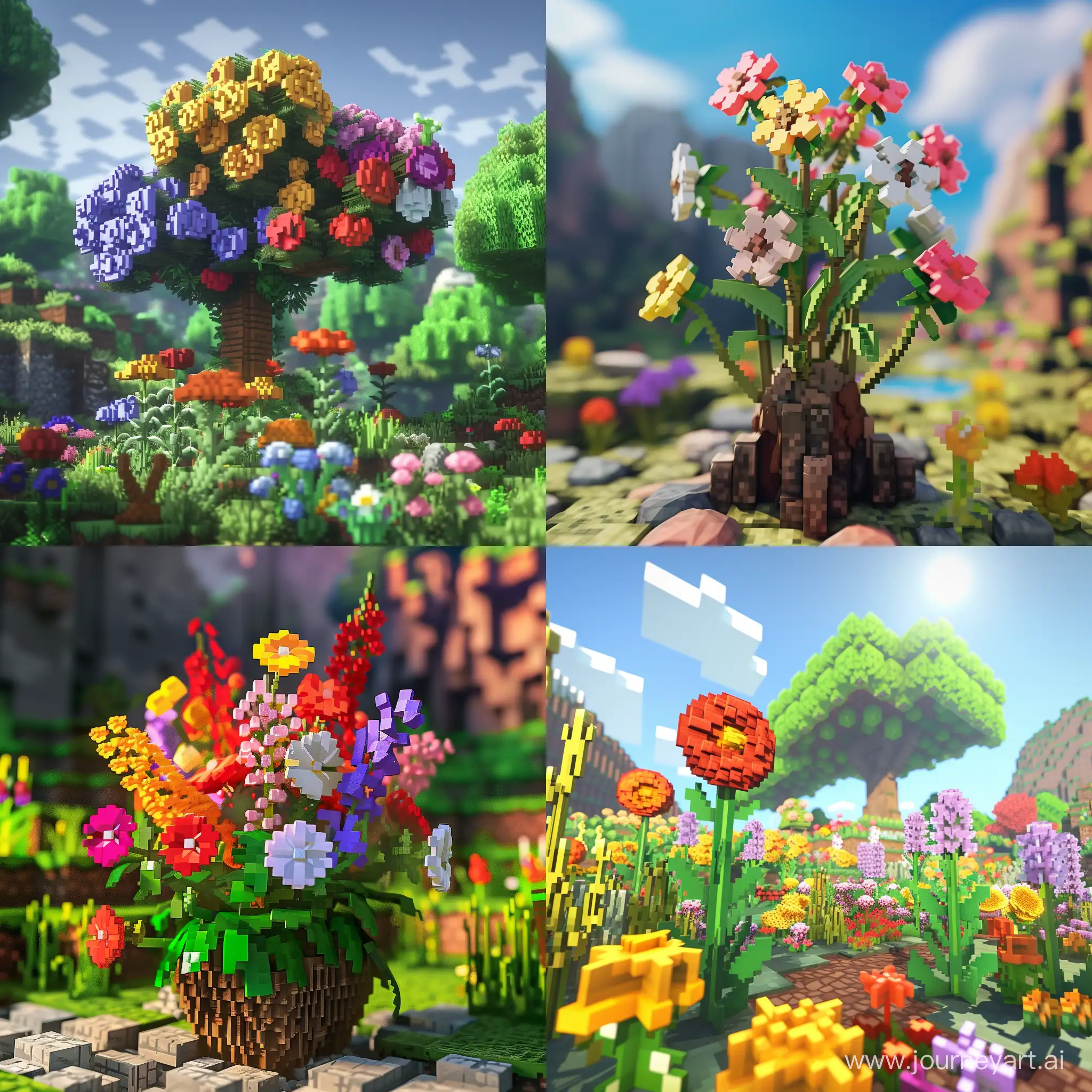 Minecraft 3d realistic world flowers pokemon , pixelart style, Minecraft style